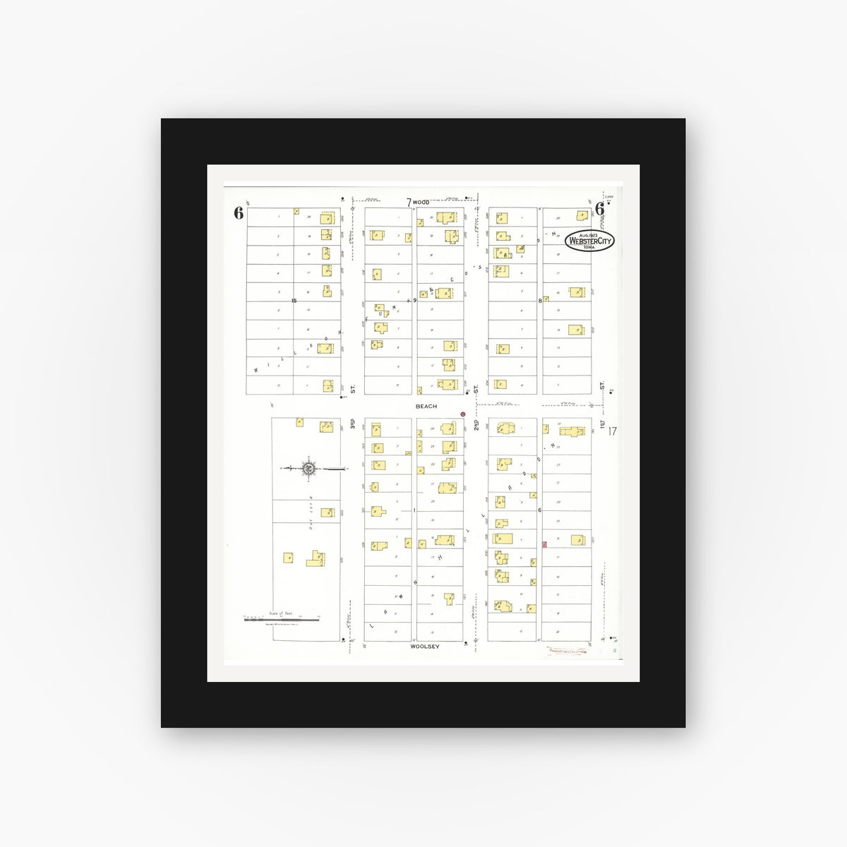 Old map wall art mockup — black gallery frame with white mat — Sanborn Fire Insurance Map from Webster City, Hamilton County, Iowa (1923), Sheet #0006