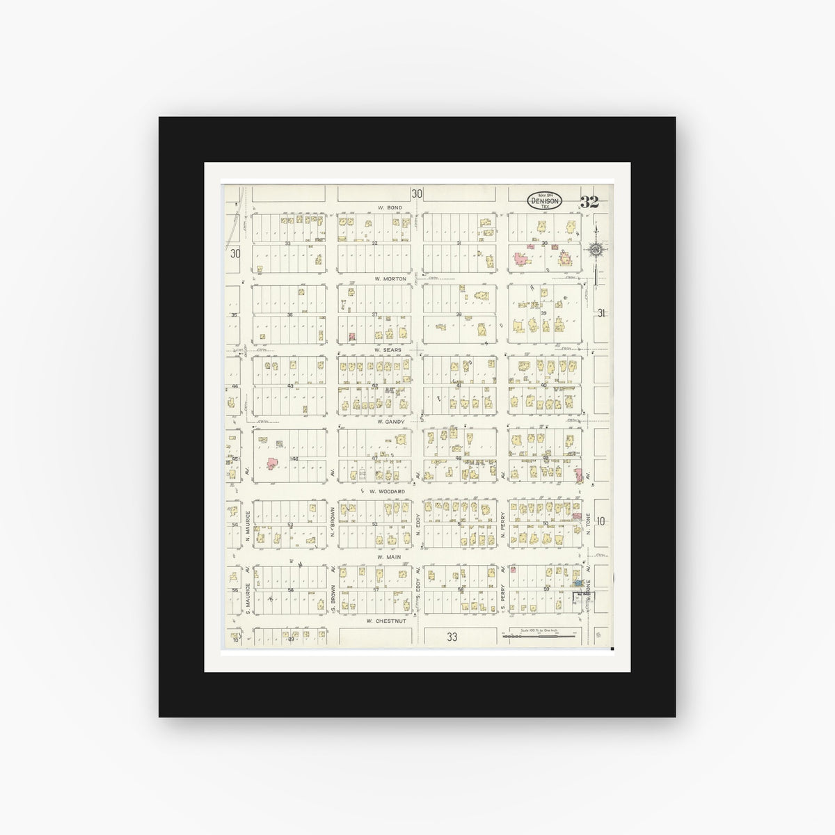 Old map wall art mockup — black gallery frame with white mat — Sanborn Fire Insurance Map from Denison, Grayson County, Texas (1914), Sheet #0032