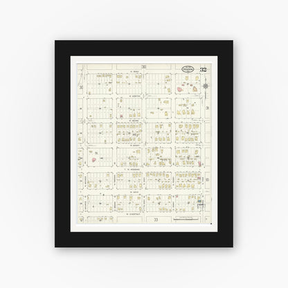 Old map wall art mockup — black gallery frame with white mat — Sanborn Fire Insurance Map from Denison, Grayson County, Texas (1914), Sheet #0032