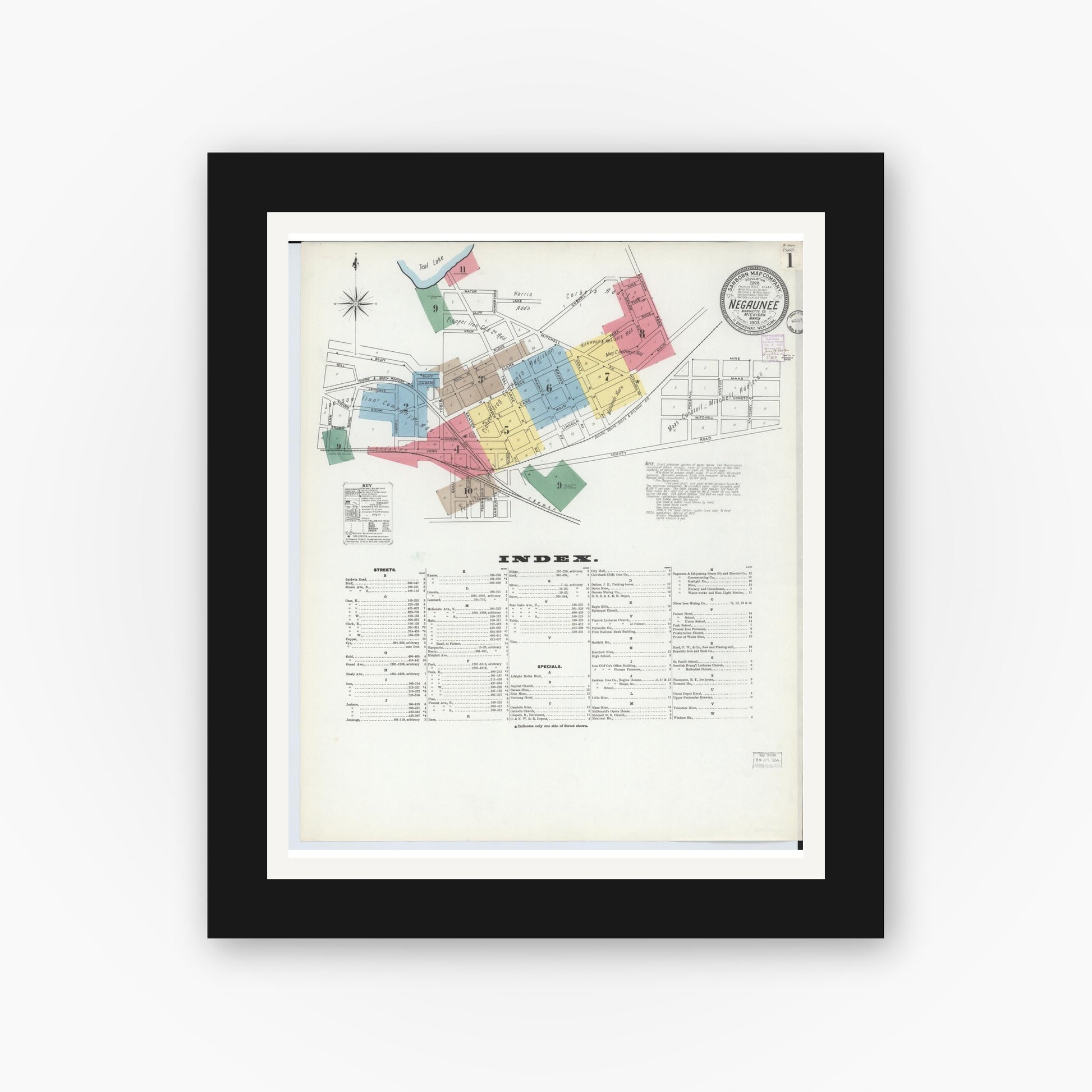 Old map wall art mockup — black gallery frame with white mat — Sanborn Fire Insurance Map from Negaunee, Marquette County, Michigan (1902) - Complete Map Set