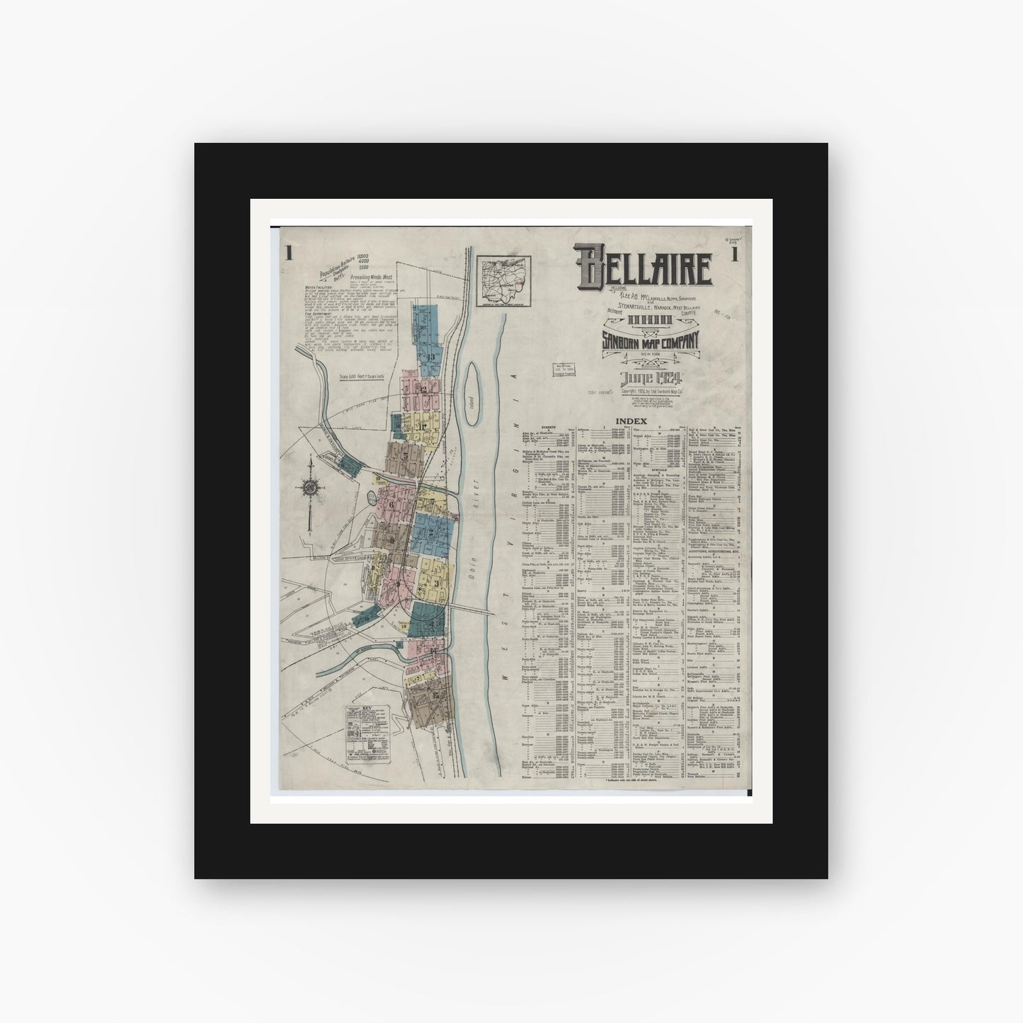 Old map wall art mockup — black gallery frame with white mat — Sanborn Fire Insurance Map from Bellaire, Belmont County, Ohio (1924), Sheet #0001