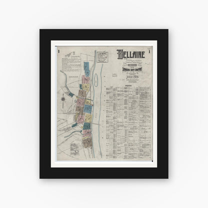 Old map wall art mockup — black gallery frame with white mat — Sanborn Fire Insurance Map from Bellaire, Belmont County, Ohio (1924), Sheet #0001