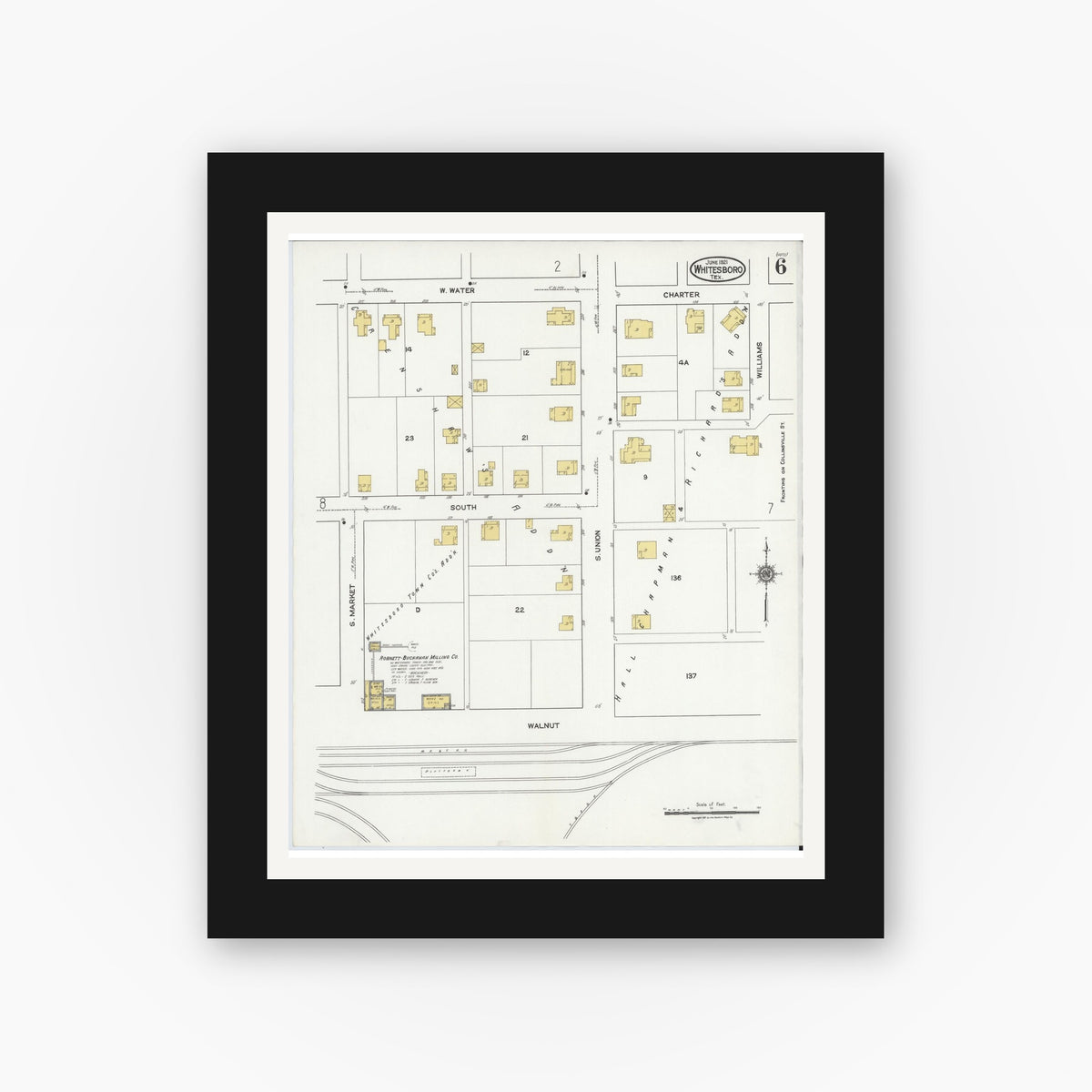 Old map wall art mockup — black gallery frame with white mat — Sanborn Fire Insurance Map from Whitesboro, Grayson County, Texas (1921), Sheet #0006
