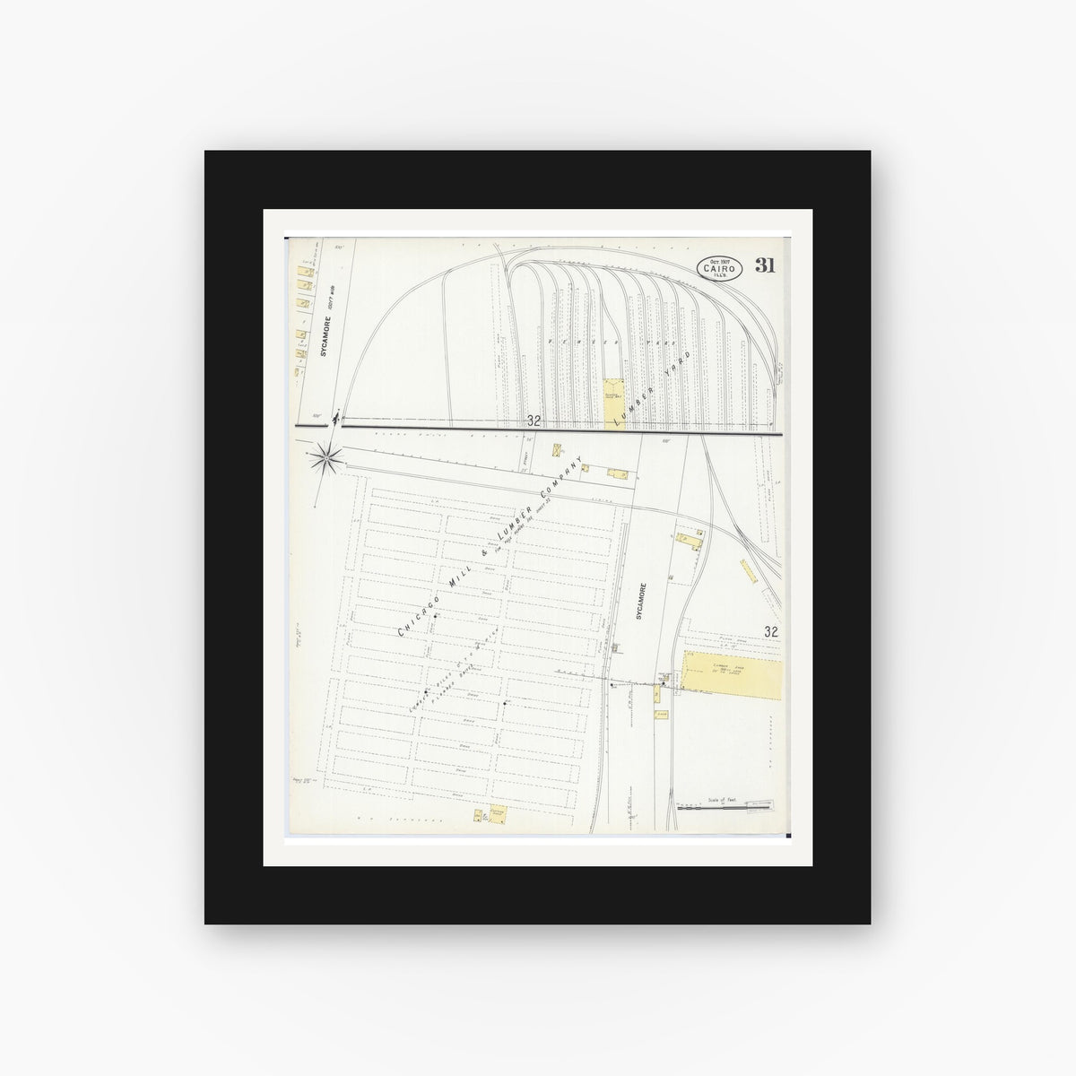 Old map wall art mockup — black gallery frame with white mat — Sanborn Fire Insurance Map from Cairo, Alexander County, Illinois (1907), Sheet #0031