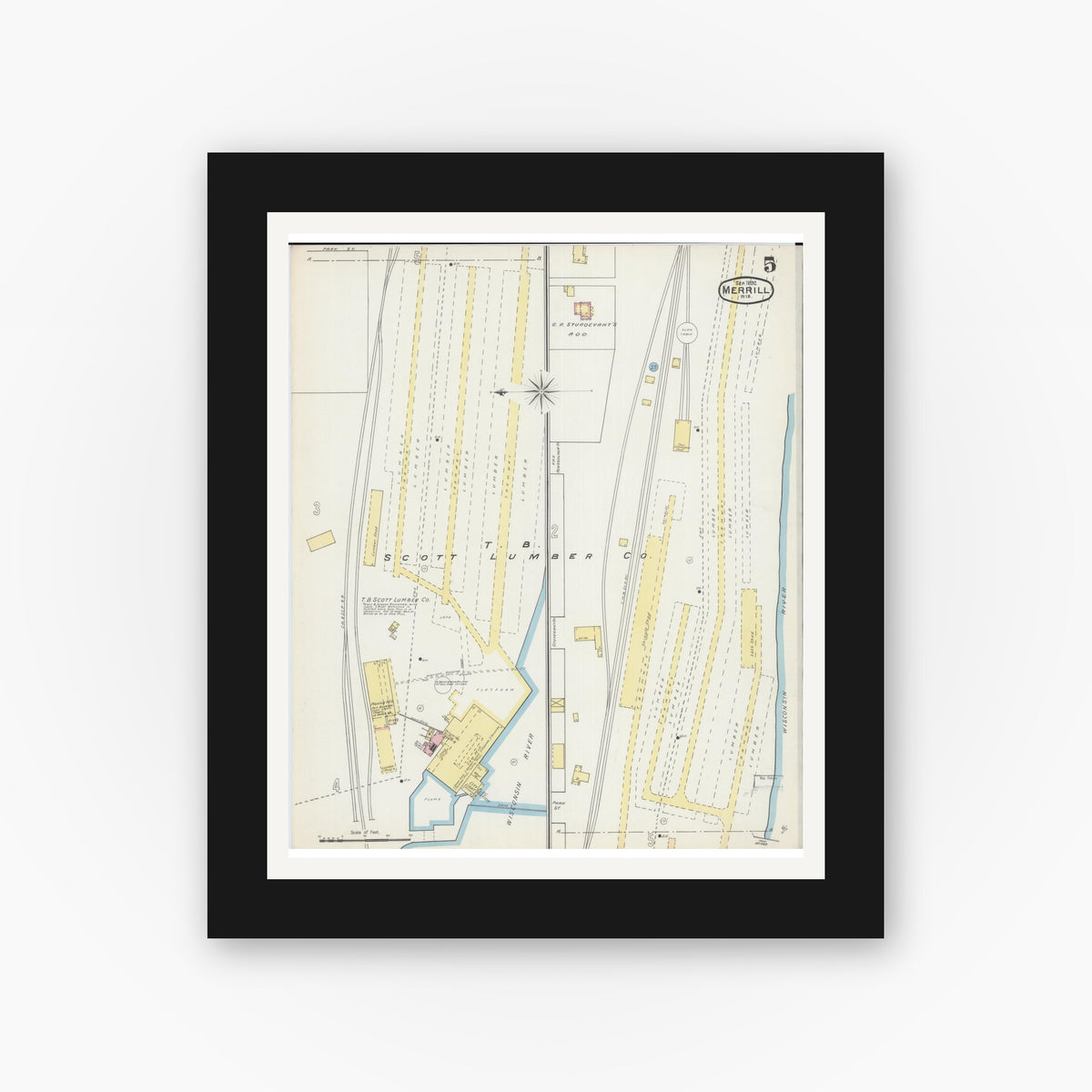 Old map wall art mockup — black gallery frame with white mat — Sanborn Fire Insurance Map from Merrill, Lincoln County, Wisconsin (1892), Sheet #0005