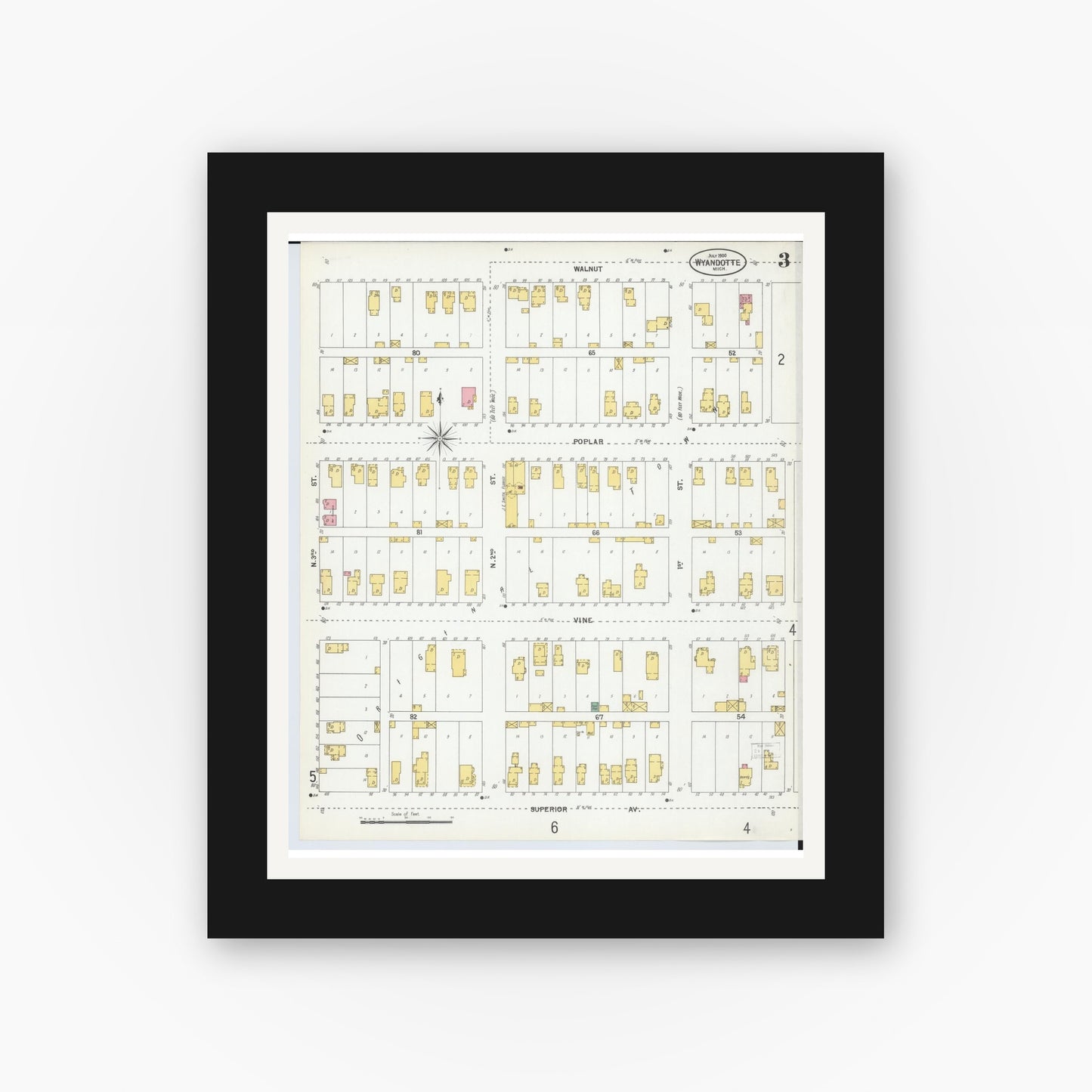 Old map wall art mockup — black gallery frame with white mat — Sanborn Fire Insurance Map from Wyandotte, Wayne County, Michigan (1900), Sheet #0003
