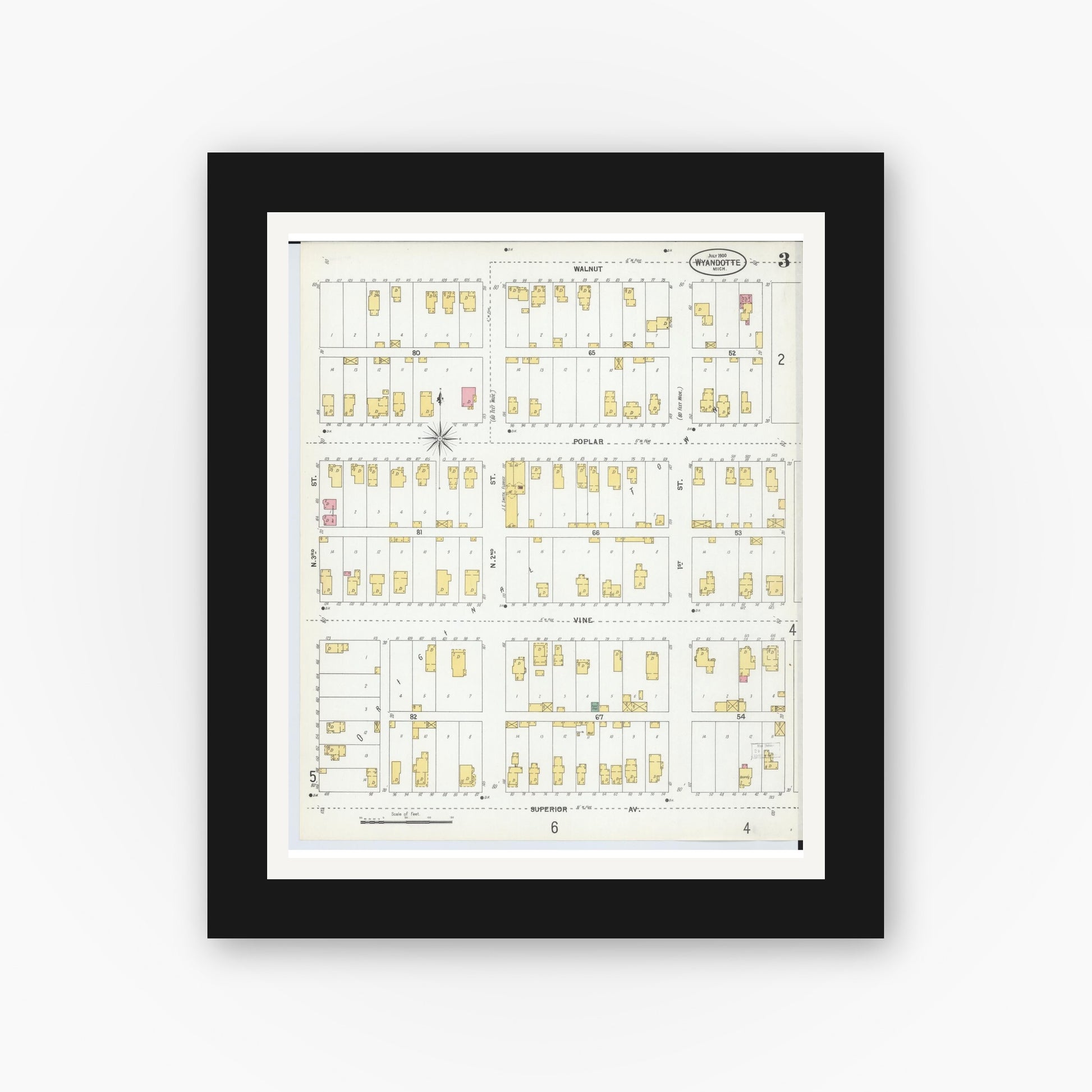 Old map wall art mockup — black gallery frame with white mat — Sanborn Fire Insurance Map from Wyandotte, Wayne County, Michigan (1900), Sheet #0003