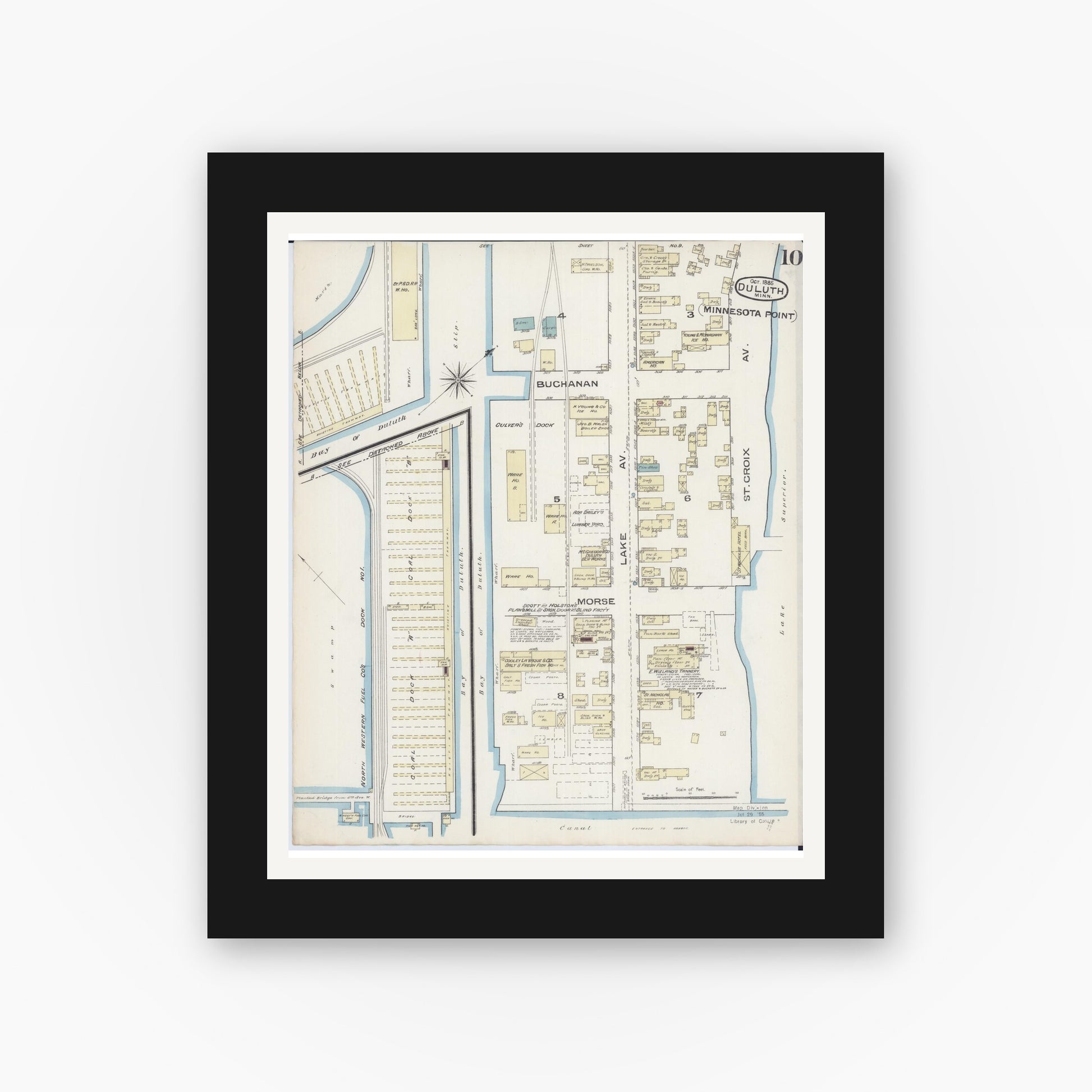 Old map wall art mockup — black gallery frame with white mat — Sanborn Fire Insurance Map from Duluth, Saint Louis County, Minnesota (1885), Sheet #0010