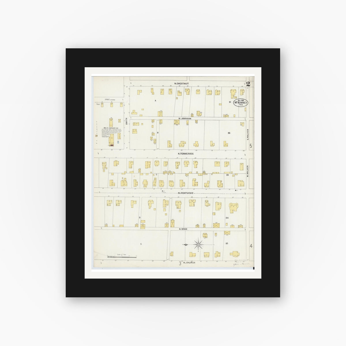 Old map wall art mockup — black gallery frame with white mat — Sanborn Fire Insurance Map from McKinney, Collin County, Texas (1902), Sheet #0002