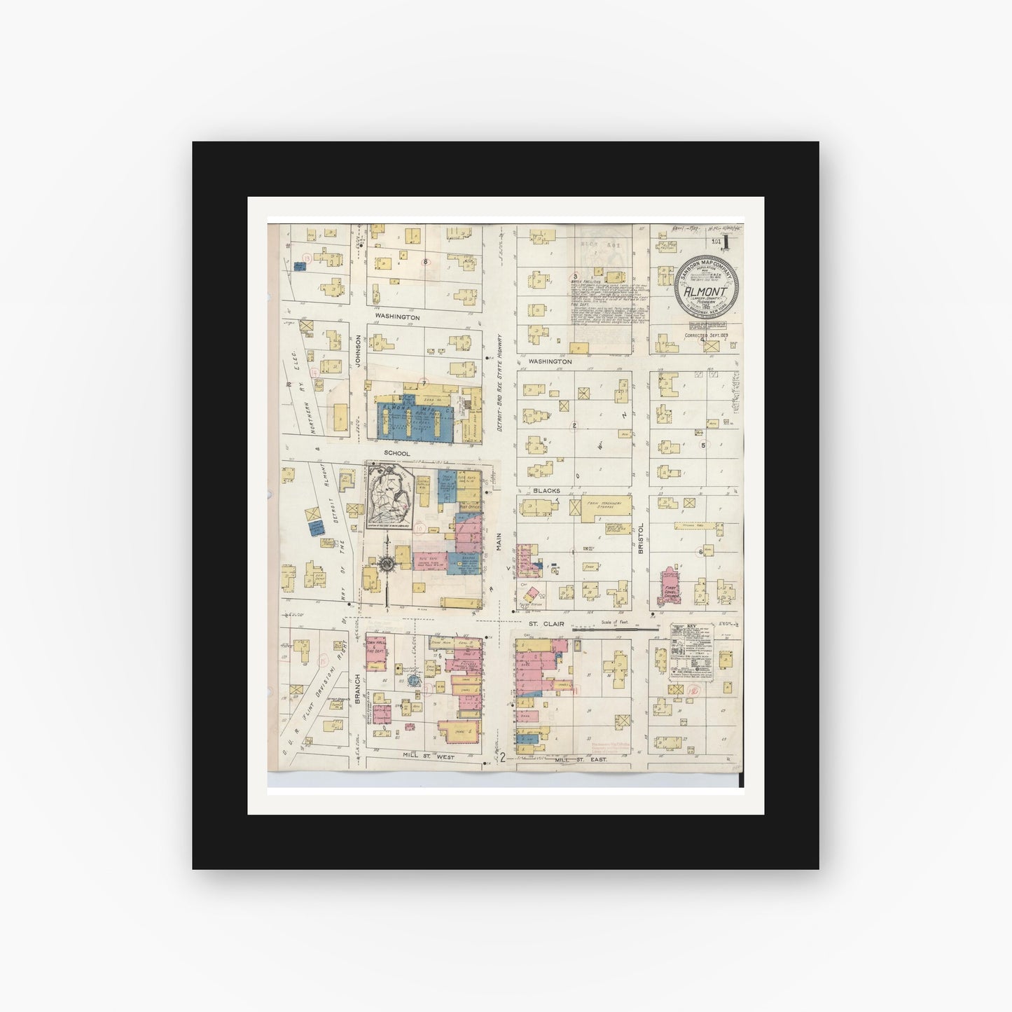 Old map wall art mockup — black gallery frame with white mat — Sanborn Fire Insurance Map from Almont, Lapeer County, Michigan (1929) - Complete Map Set