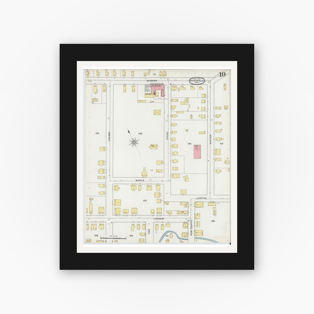 Old map wall art mockup — black gallery frame with white mat — Sanborn Fire Insurance Map from Pittsfield, Berkshire County, Massachusetts (1895), Sheet #0019