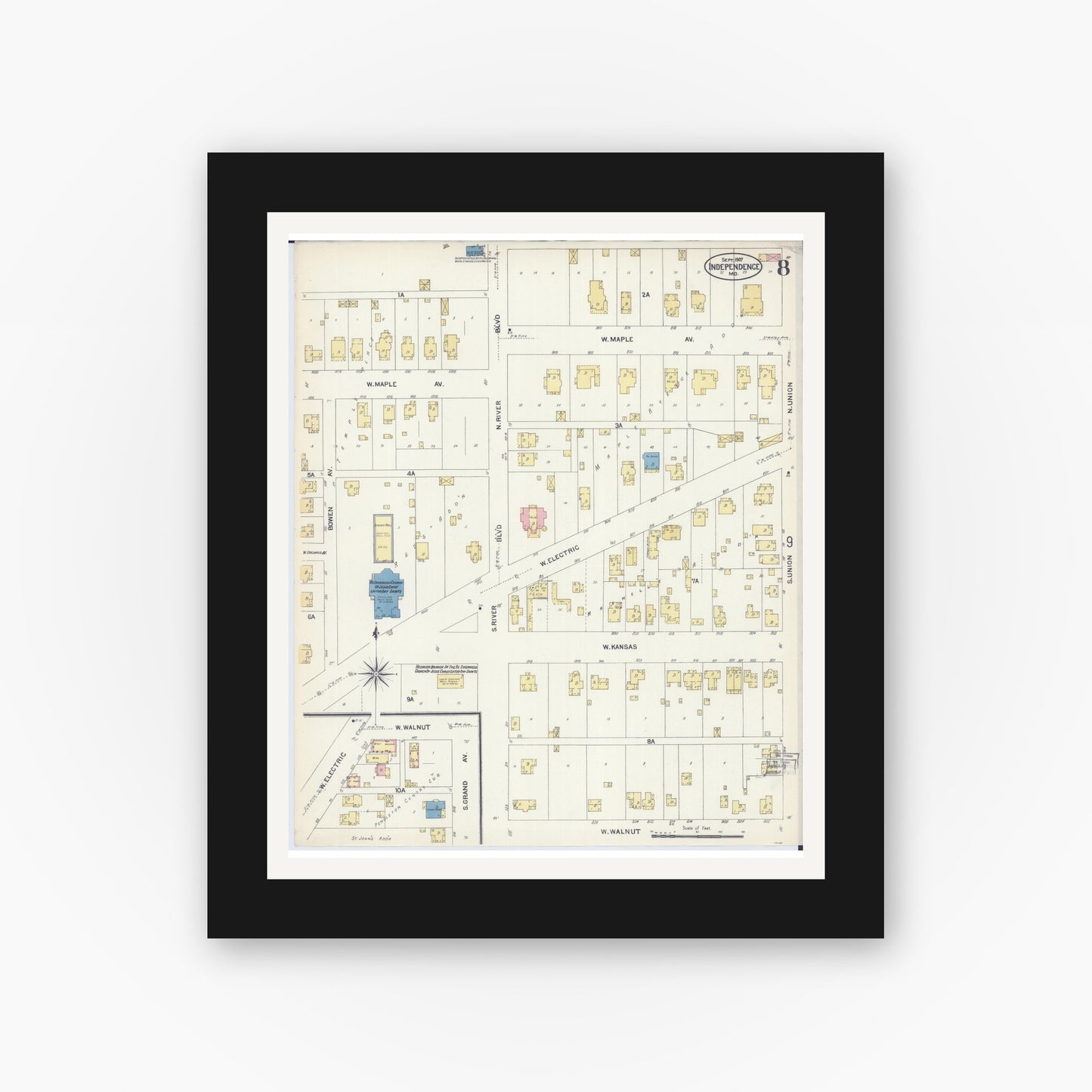 Old map wall art mockup — black gallery frame with white mat — Sanborn Fire Insurance Map from Independence, Jackson County, Missouri (1907), Sheet #0008