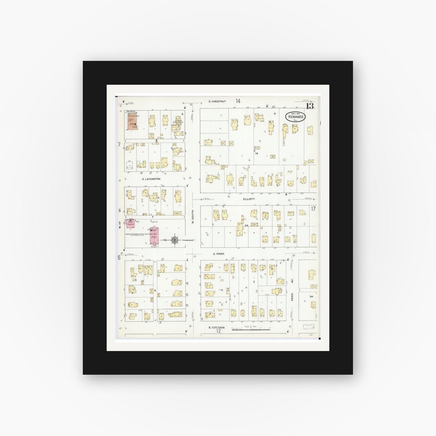 Old map wall art mockup — black gallery frame with white mat — Sanborn Fire Insurance Map from Kewanee, Henry County, Illinois (1910), Sheet #0013