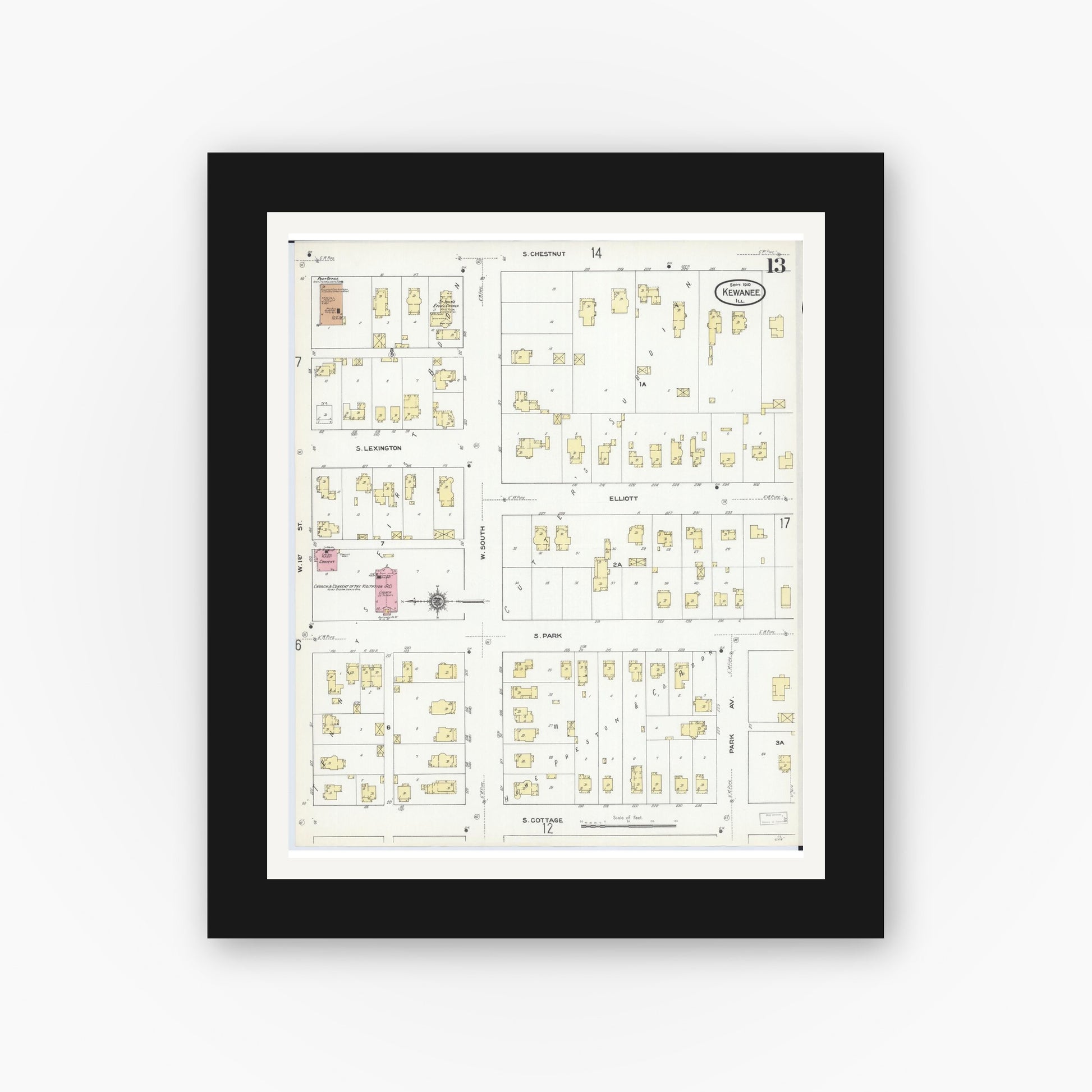 Old map wall art mockup — black gallery frame with white mat — Sanborn Fire Insurance Map from Kewanee, Henry County, Illinois (1910), Sheet #0013