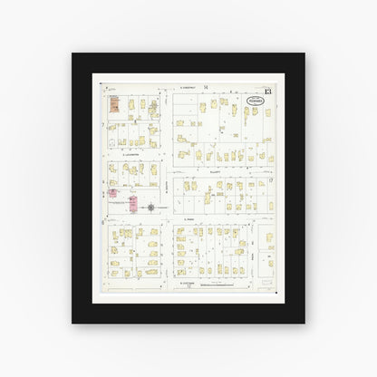 Old map wall art mockup — black gallery frame with white mat — Sanborn Fire Insurance Map from Kewanee, Henry County, Illinois (1910), Sheet #0013