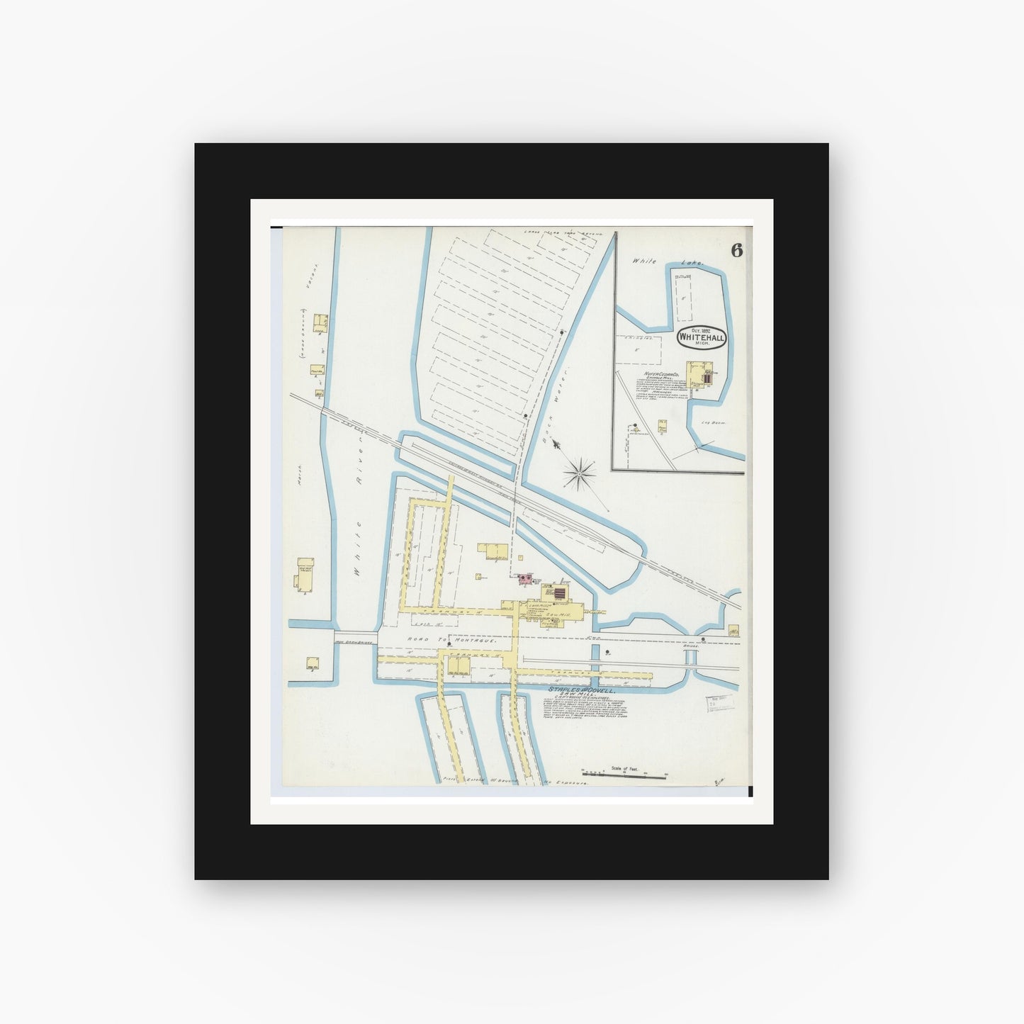 Old map wall art mockup — black gallery frame with white mat — Sanborn Fire Insurance Map from Whitehall, Muskegon County, Michigan (1892), Sheet #0006