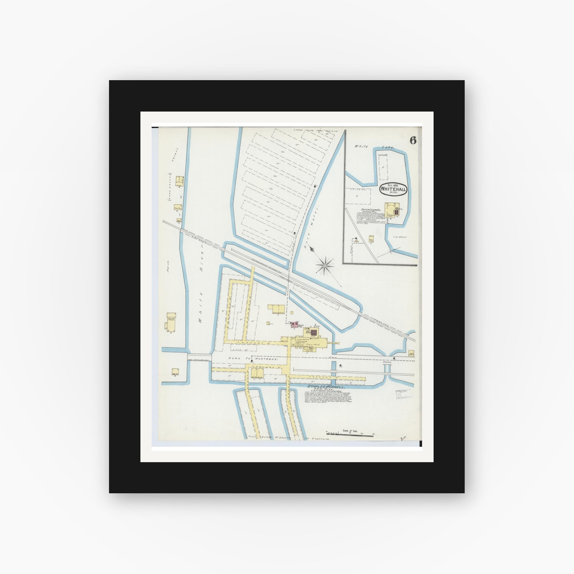Old map wall art mockup — black gallery frame with white mat — Sanborn Fire Insurance Map from Whitehall, Muskegon County, Michigan (1892), Sheet #0006