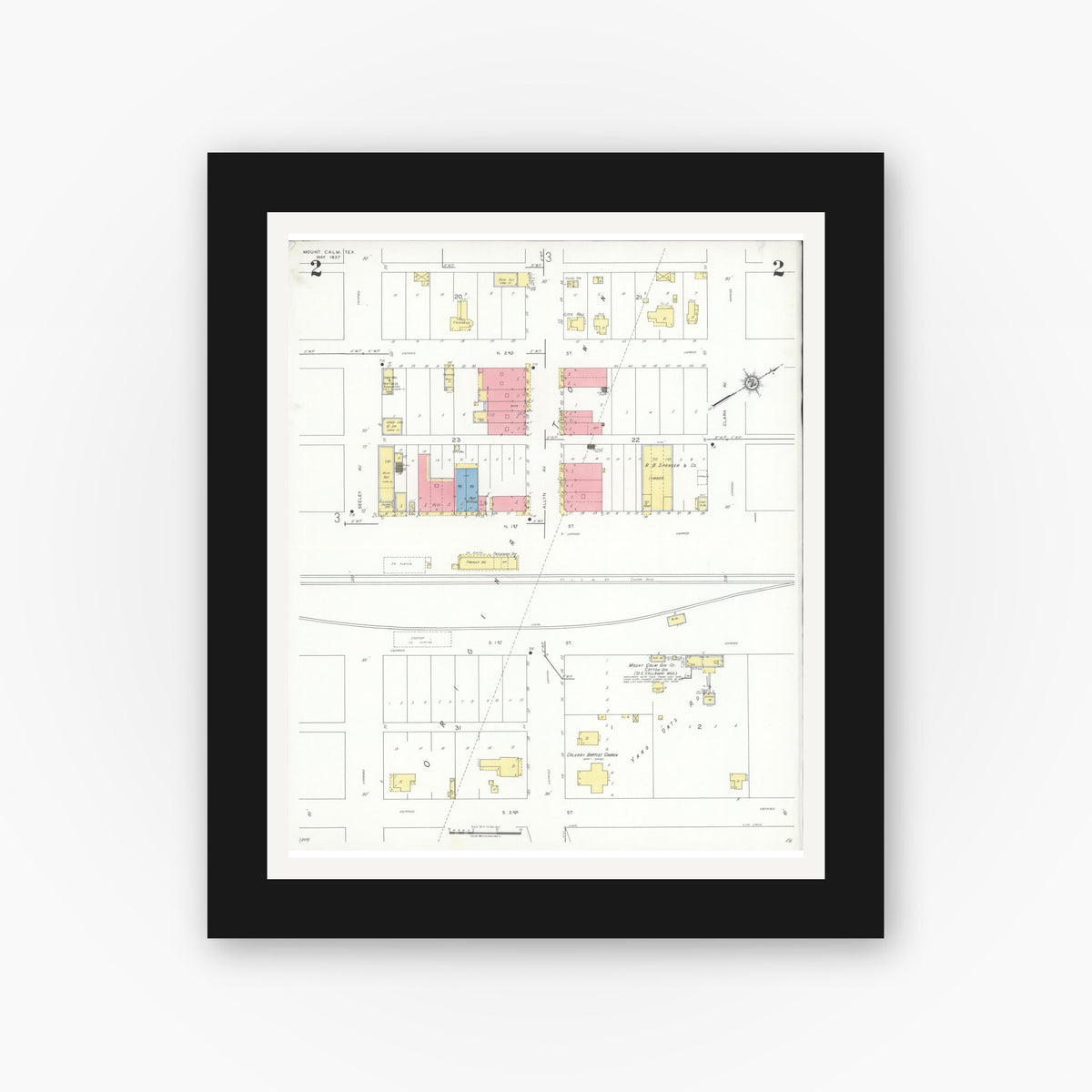 Old map wall art mockup — black gallery frame with white mat — Sanborn Fire Insurance Map from Mount Calm, Hill County, Texas (1937), Sheet #0002