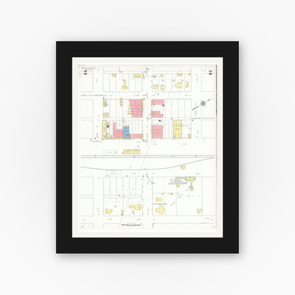 Old map wall art mockup — black gallery frame with white mat — Sanborn Fire Insurance Map from Mount Calm, Hill County, Texas (1937), Sheet #0002