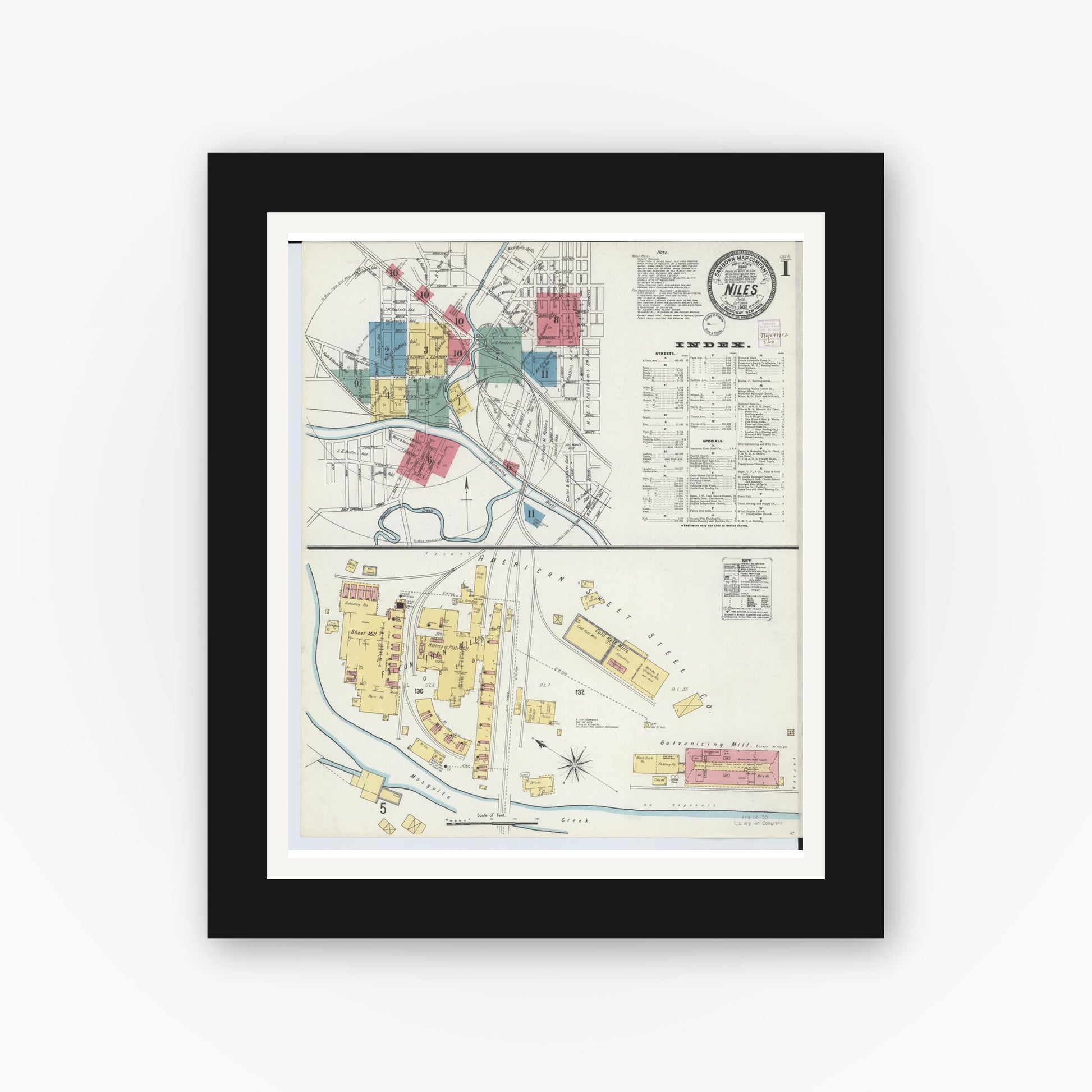 Old map wall art mockup — black gallery frame with white mat — Sanborn Fire Insurance Map from Niles, Trumbull County, Ohio (1902), Sheet #0001