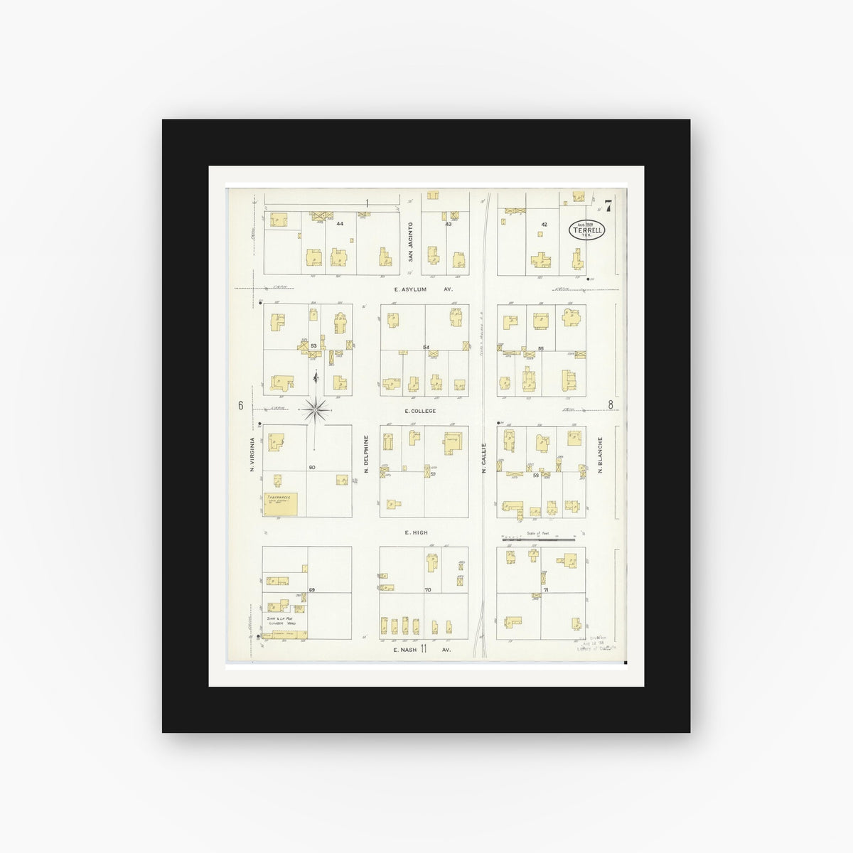 Old map wall art mockup — black gallery frame with white mat — Sanborn Fire Insurance Map from Terrell, Kaufman County, Texas (1909), Sheet #0007