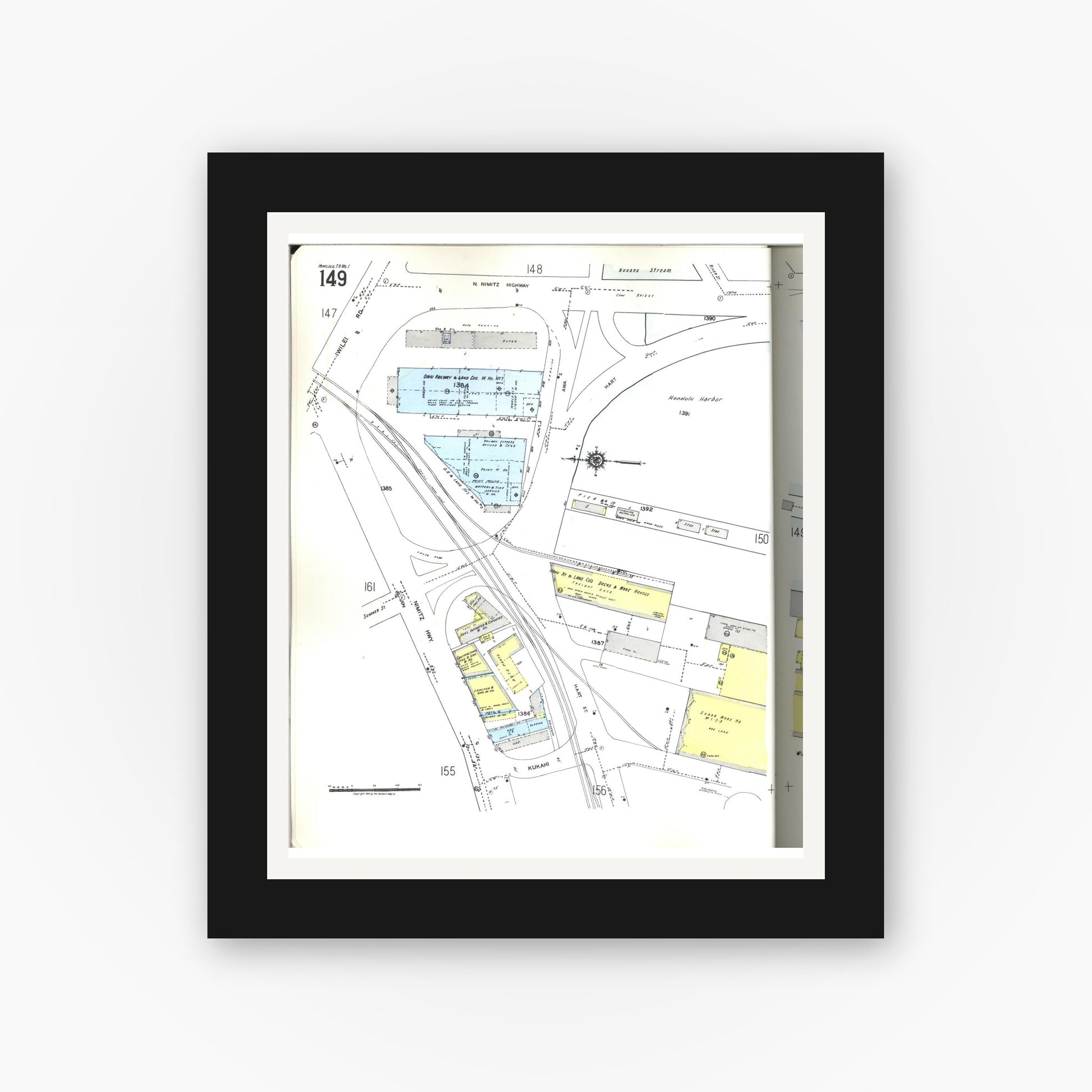 Old map wall art mockup — black gallery frame with white mat — Sanborn Fire Insurance Map from Honolulu, Oahu County, Hawaii (1955), Sheet #0149