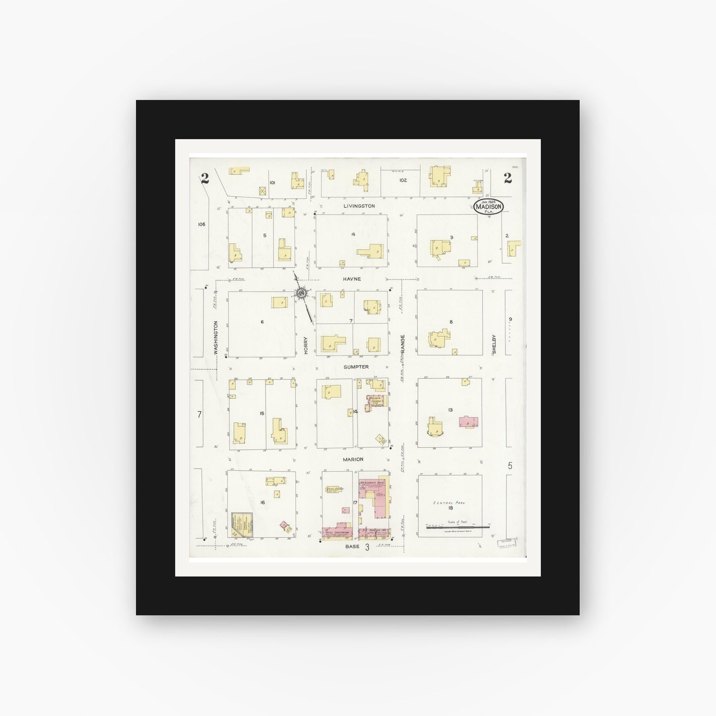 Old map wall art mockup — black gallery frame with white mat — Sanborn Fire Insurance Map from Madison, Madison County, Florida (1924), Sheet #0002