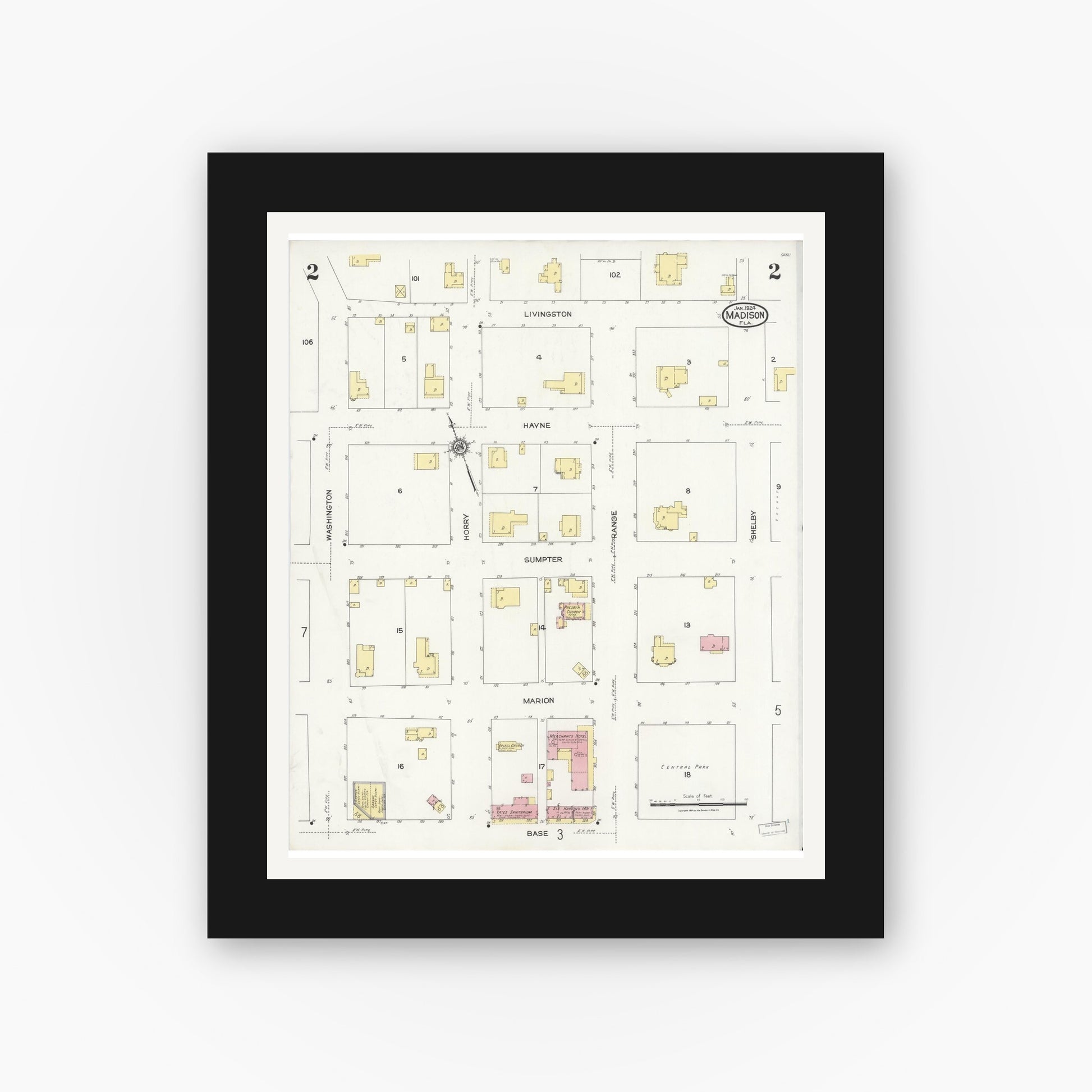 Old map wall art mockup — black gallery frame with white mat — Sanborn Fire Insurance Map from Madison, Madison County, Florida (1924), Sheet #0002