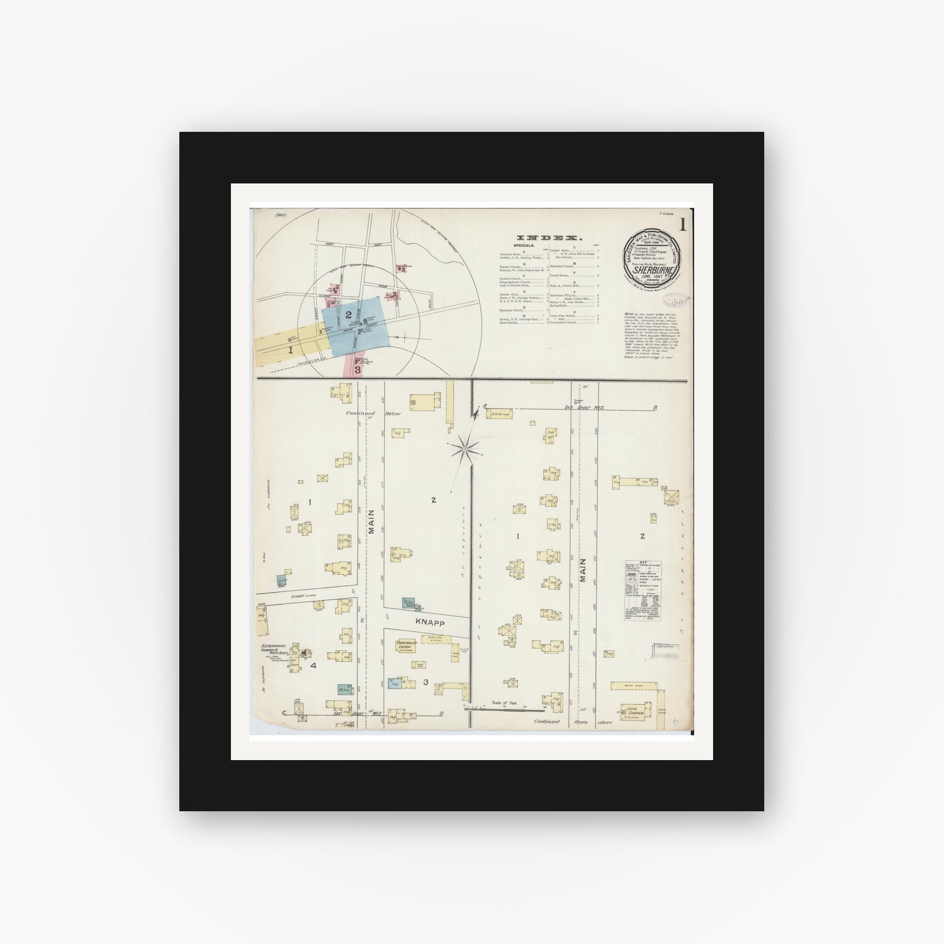 Old map wall art mockup — black gallery frame with white mat — Sanborn Fire Insurance Map from Sherburne, Chenango County, New York (1887), Sheet #0001