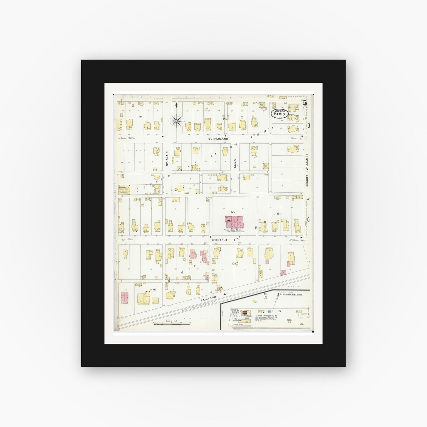 Old map wall art mockup — black gallery frame with white mat — Sanborn Fire Insurance Map from Paris, Edgar County, Illinois (1908), Sheet #0005