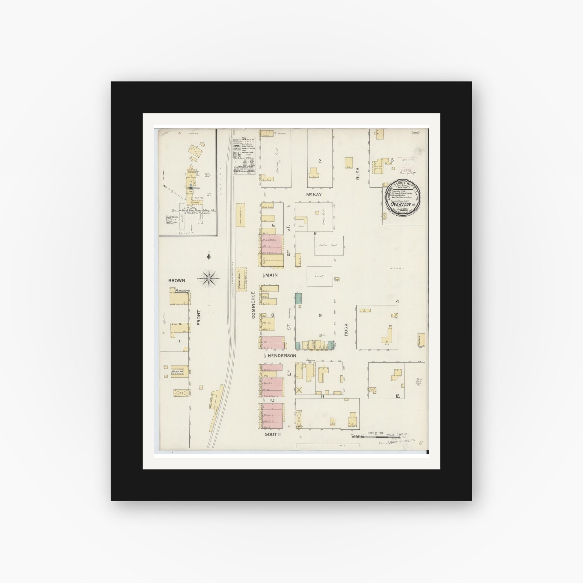 Old map wall art mockup — black gallery frame with white mat — Sanborn Fire Insurance Map from Overton, Rusk County, Texas (1893), Sheet #0001