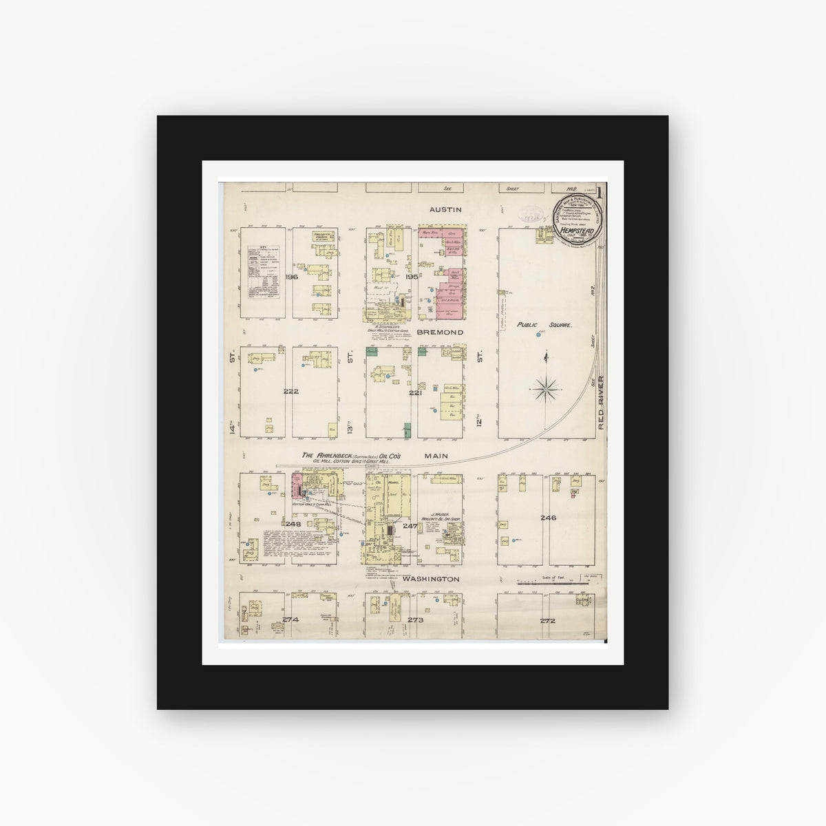 Old map wall art mockup — black gallery frame with white mat — Sanborn Fire Insurance Map from Hempstead, Waller County, Texas (1885) - Complete Map Set