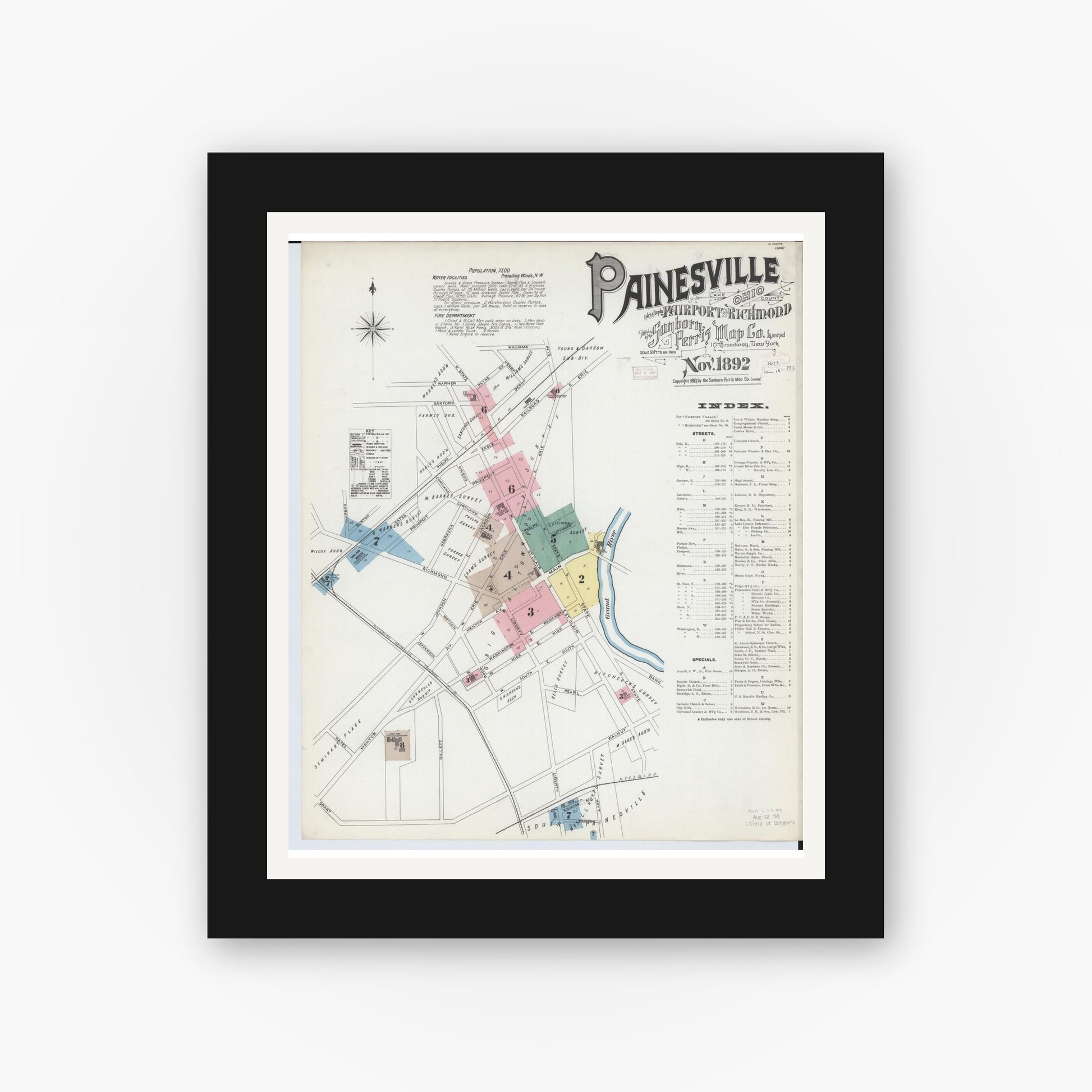 Old map wall art mockup — black gallery frame with white mat — Sanborn Fire Insurance Map from Painesville, Lake County, Ohio (1892), Sheet #0001