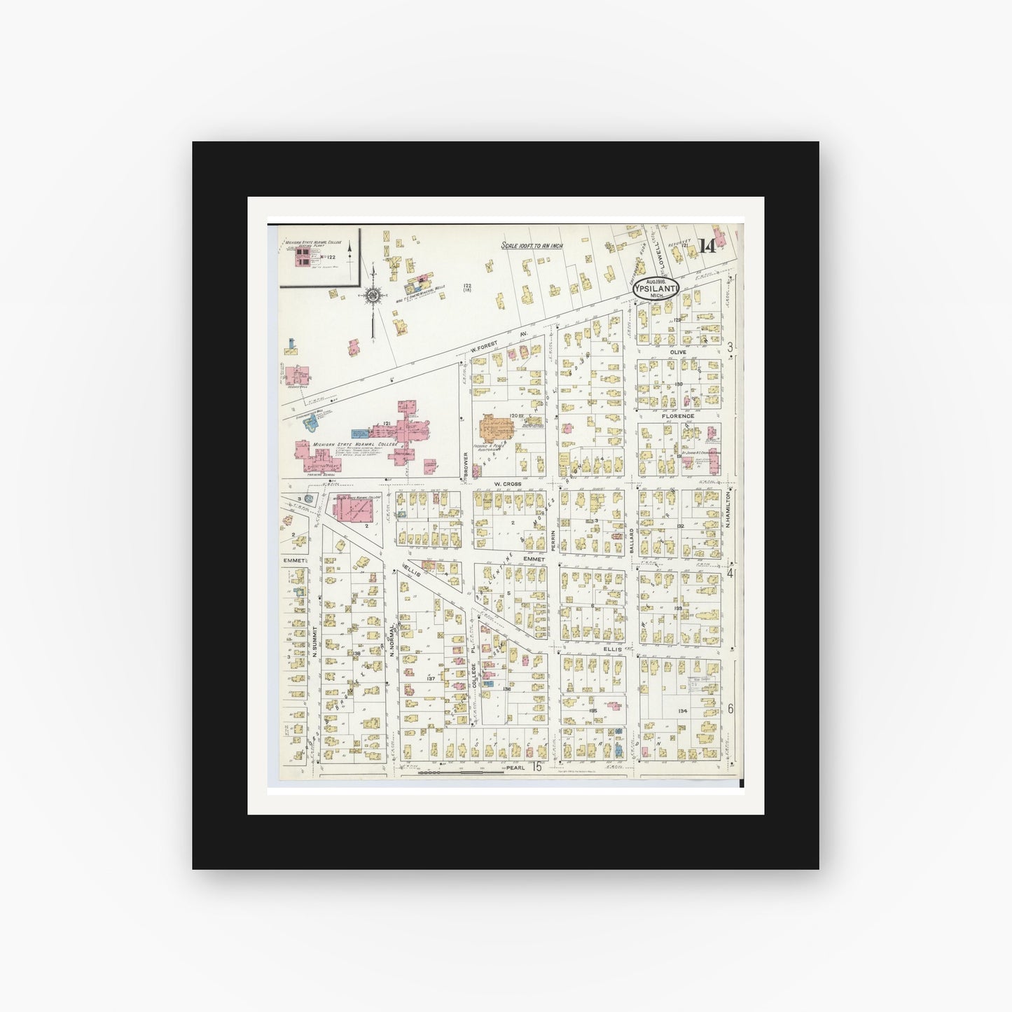 Old map wall art mockup — black gallery frame with white mat — Sanborn Fire Insurance Map from Ypsilanti, Washtenaw County, Michigan (1916), Sheet #0014