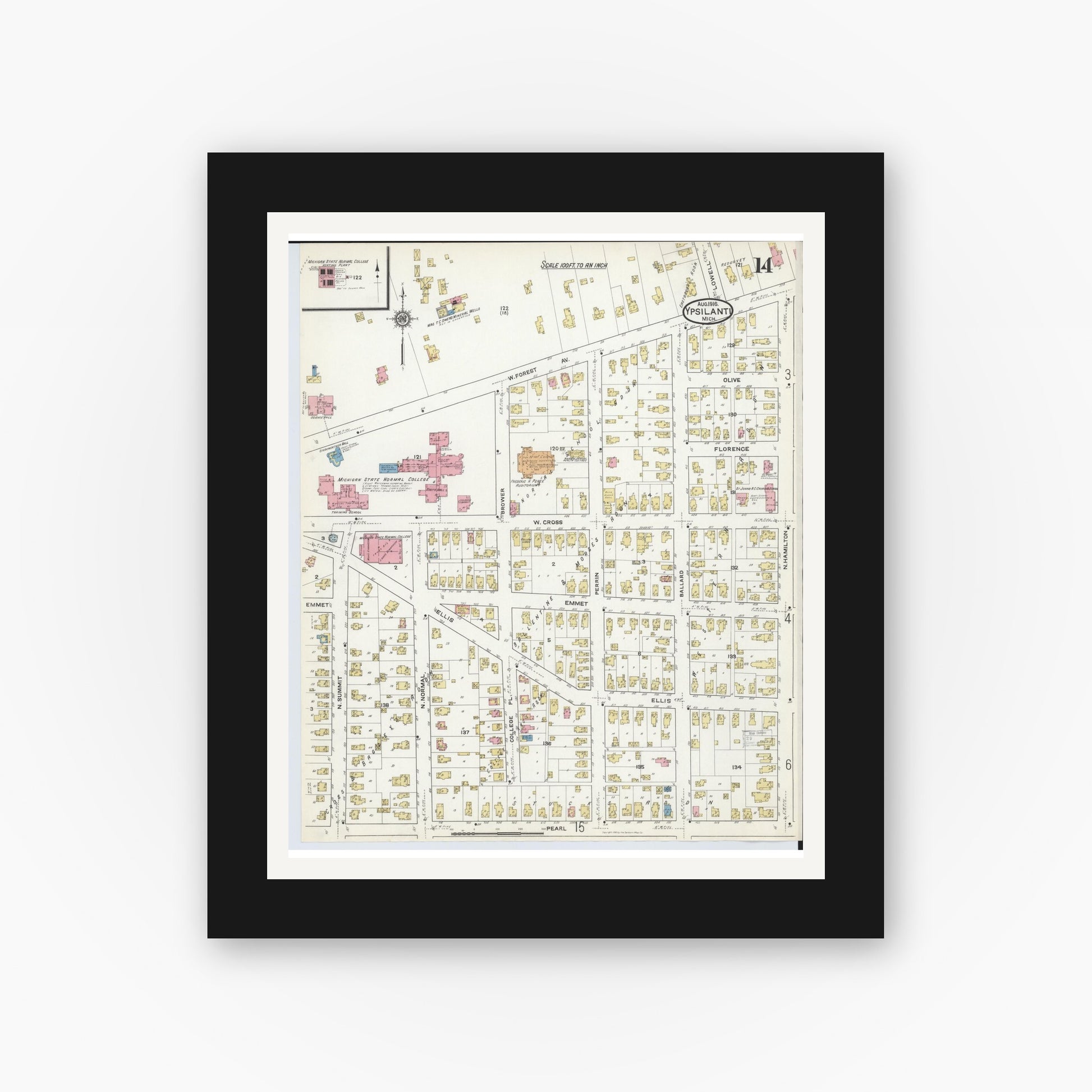 Old map wall art mockup — black gallery frame with white mat — Sanborn Fire Insurance Map from Ypsilanti, Washtenaw County, Michigan (1916), Sheet #0014