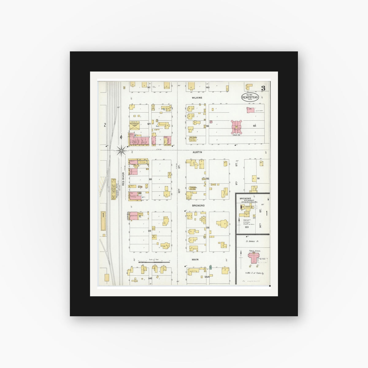 Old map wall art mockup — black gallery frame with white mat — Sanborn Fire Insurance Map from Hempstead, Waller County, Texas (1901), Sheet #0003