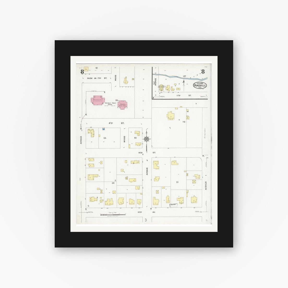 Old map wall art mockup — black gallery frame with white mat — Sanborn Fire Insurance Map from Huntsville, Walker County, Texas (1925), Sheet #0008