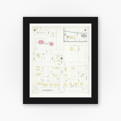 Old map wall art mockup — black gallery frame with white mat — Sanborn Fire Insurance Map from Huntsville, Walker County, Texas (1925), Sheet #0008
