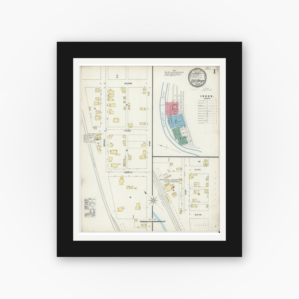 Old map wall art mockup — black gallery frame with white mat — Sanborn Fire Insurance Map from East Brady, Clarion County, Pennsylvania (1897), Sheet #0001