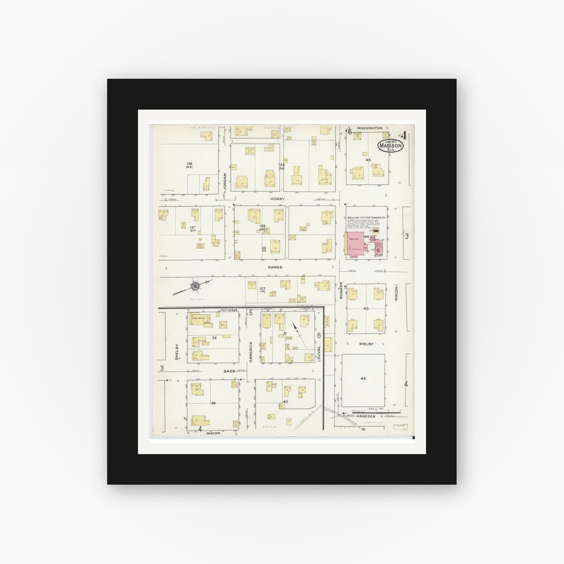 Old map wall art mockup — black gallery frame with white mat — Sanborn Fire Insurance Map from Madison, Madison County, Florida (1917), Sheet #0004