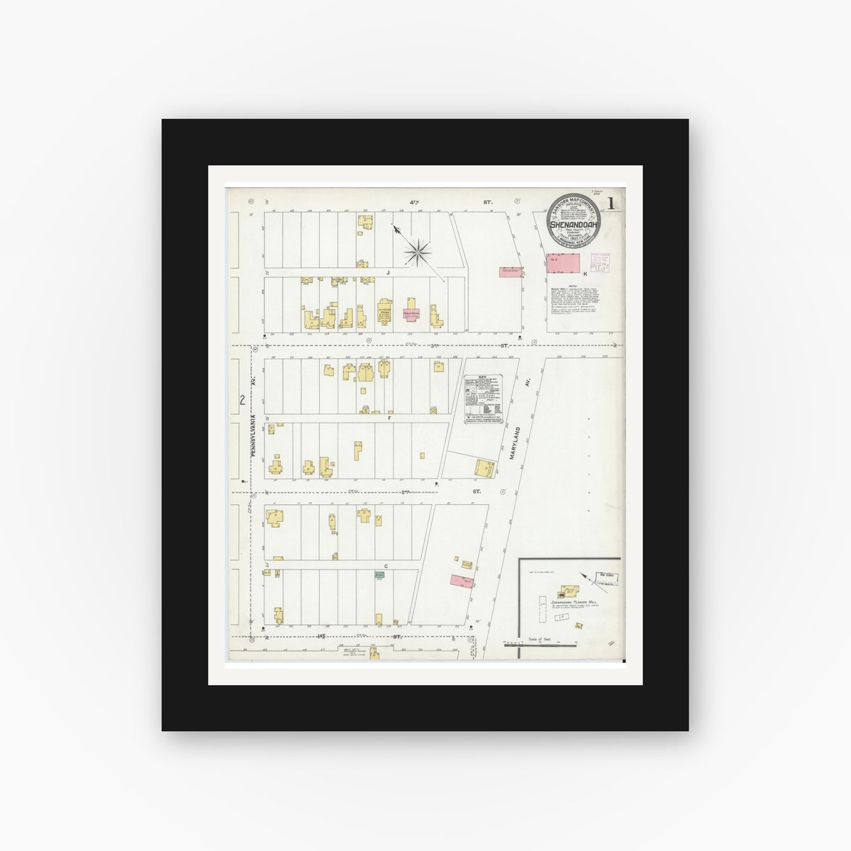 Old map wall art mockup — black gallery frame with white mat — Sanborn Fire Insurance Map from Shenandoah, Page County, Virginia (1905) - Complete Map Set