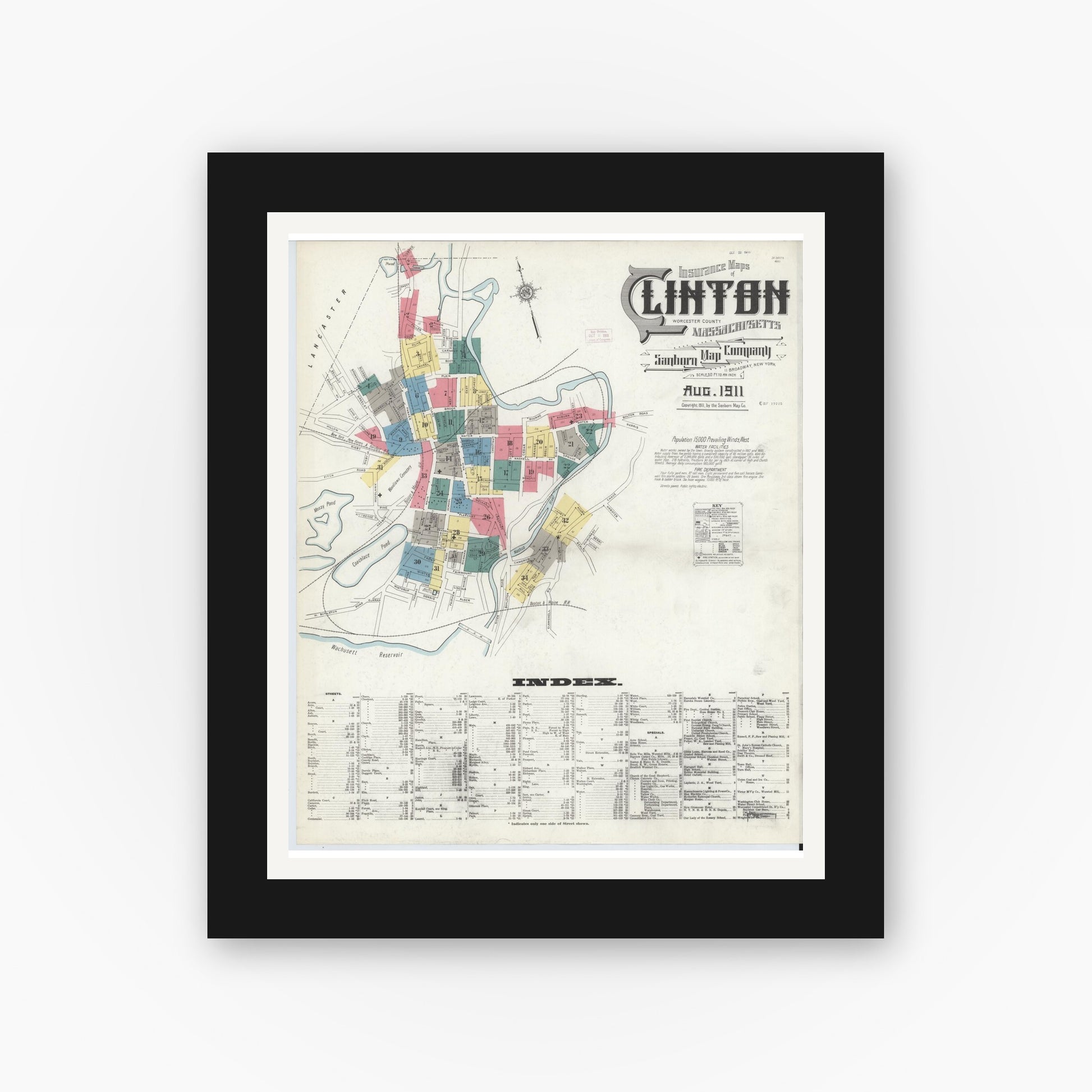 Old map wall art mockup — black gallery frame with white mat — Sanborn Fire Insurance Map from Clinton, Worcester County, Massachusetts (1911), Sheet #0001