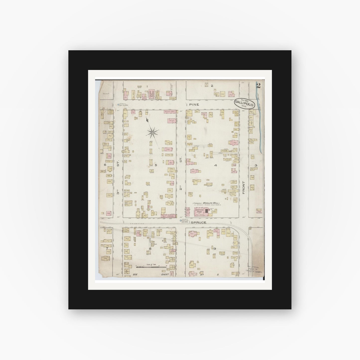 Old map wall art mockup — black gallery frame with white mat — Sanborn Fire Insurance Map from Gallipolis, Gallia County, Ohio (1885), Sheet #0002