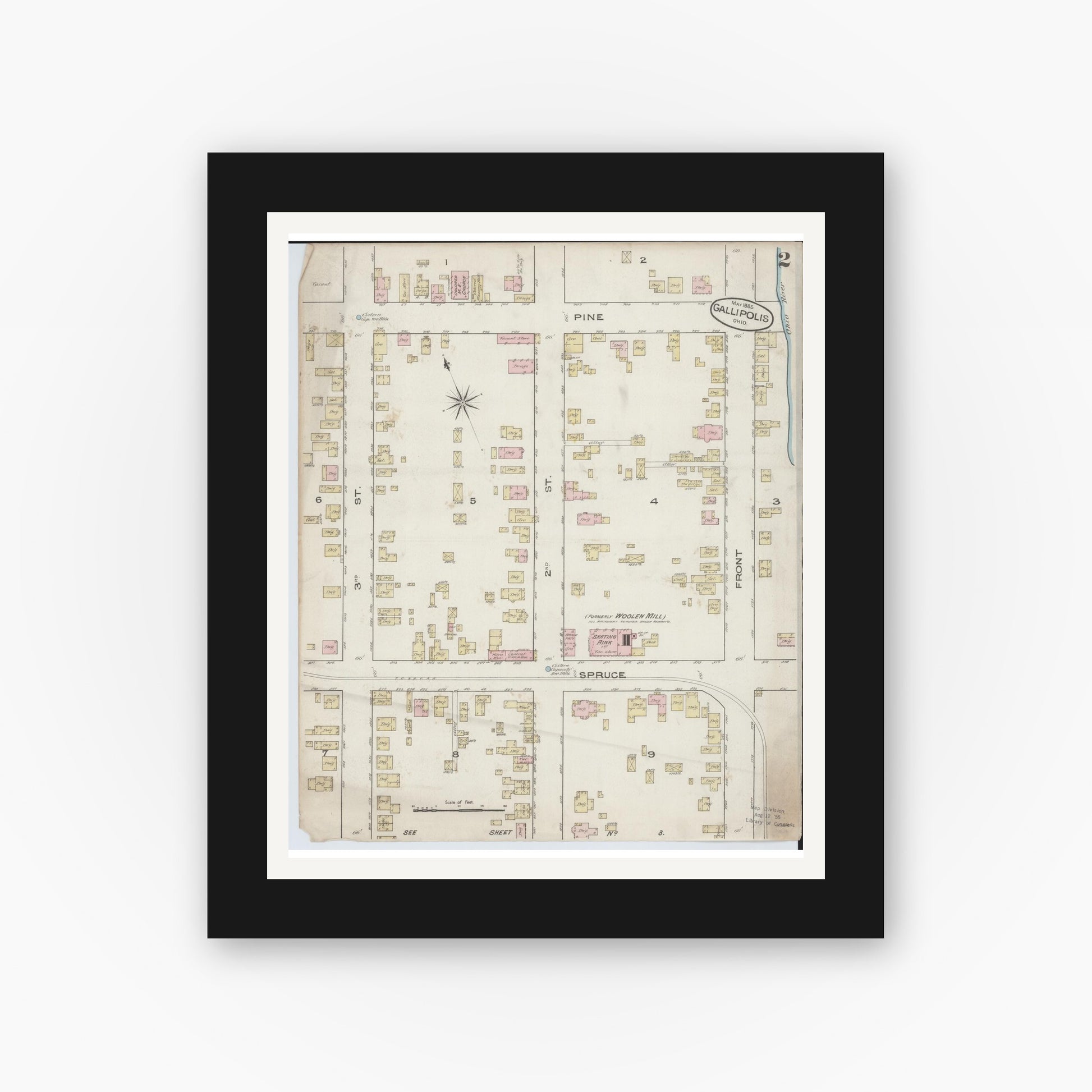 Old map wall art mockup — black gallery frame with white mat — Sanborn Fire Insurance Map from Gallipolis, Gallia County, Ohio (1885), Sheet #0002