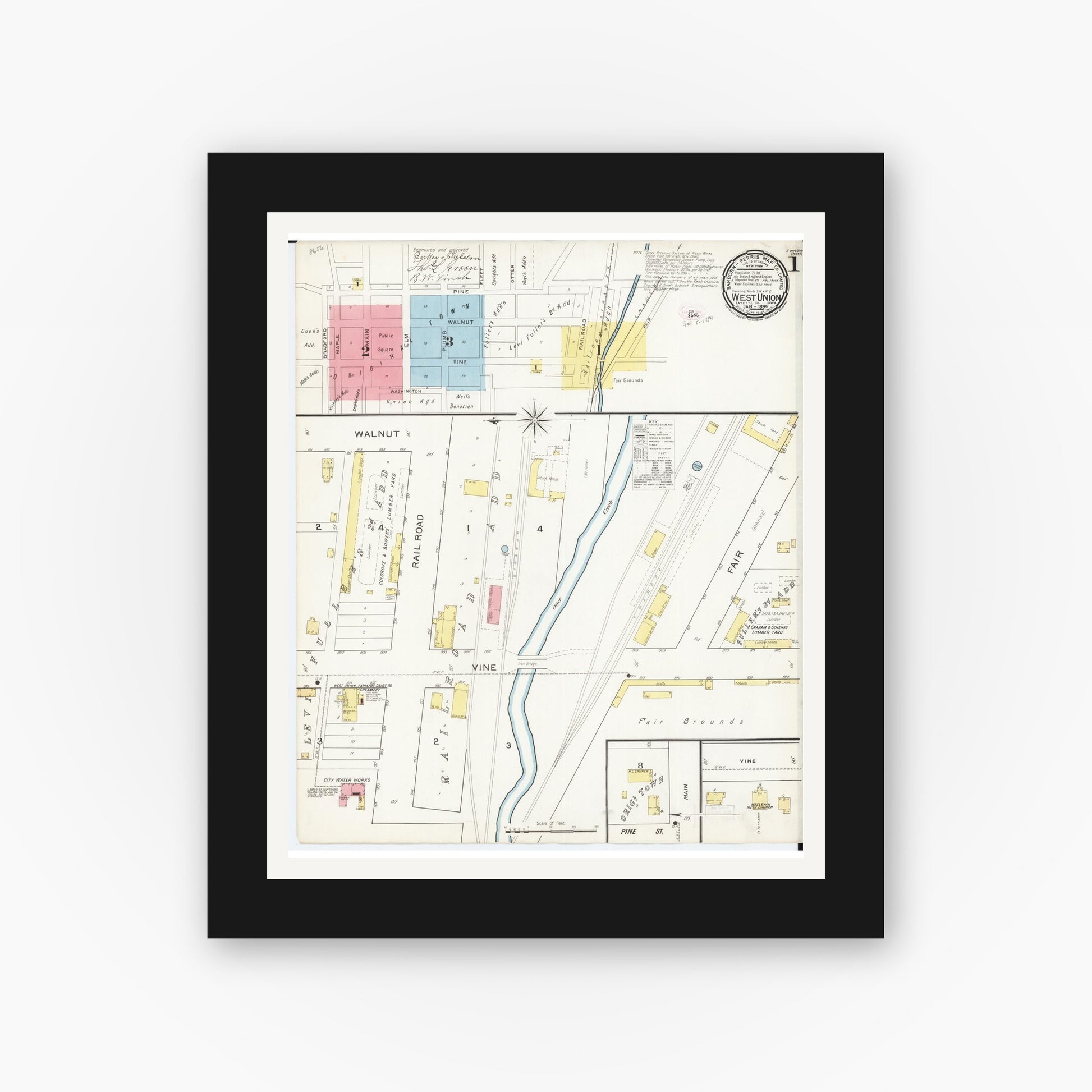 Old map wall art mockup — black gallery frame with white mat — Sanborn Fire Insurance Map from West Union, Fayette County, Iowa (1894) â€” Complete Set