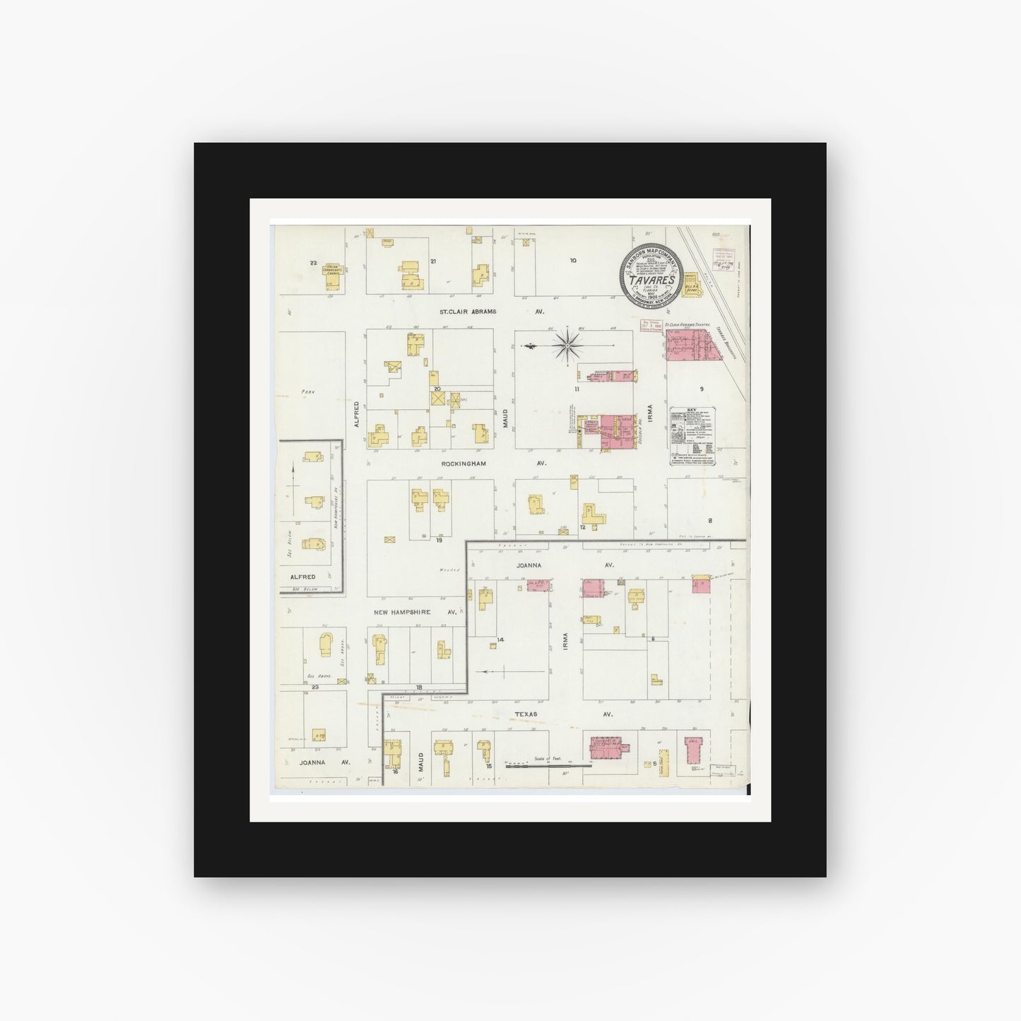 Old map wall art mockup — black gallery frame with white mat — Sanborn Fire Insurance Map from Tavares, Lake County, Florida (1906), Sheet #0001