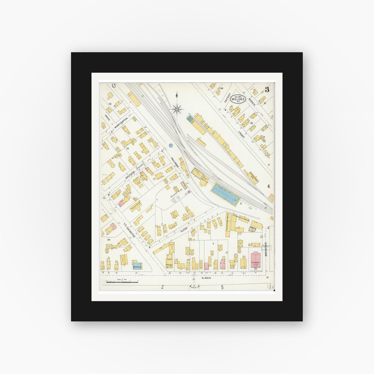 Old map wall art mockup — black gallery frame with white mat — Sanborn Fire Insurance Map from Malone, Franklin County, New York (1903), Sheet #0003