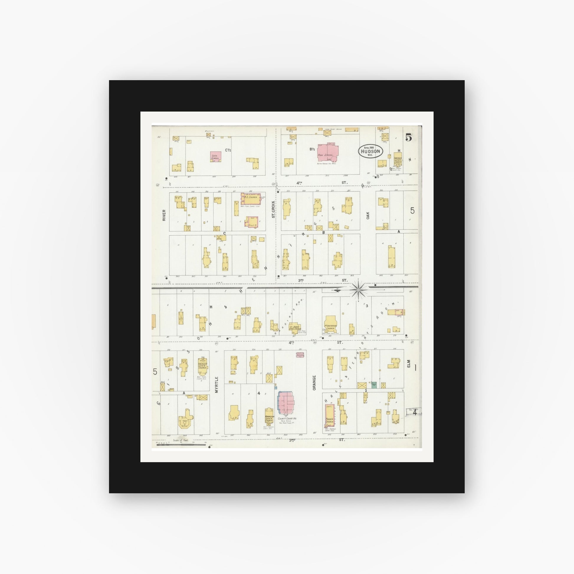 Old map wall art mockup — black gallery frame with white mat — Sanborn Fire Insurance Map from Hudson, St. Croix County, Wisconsin (1900), Sheet #0005
