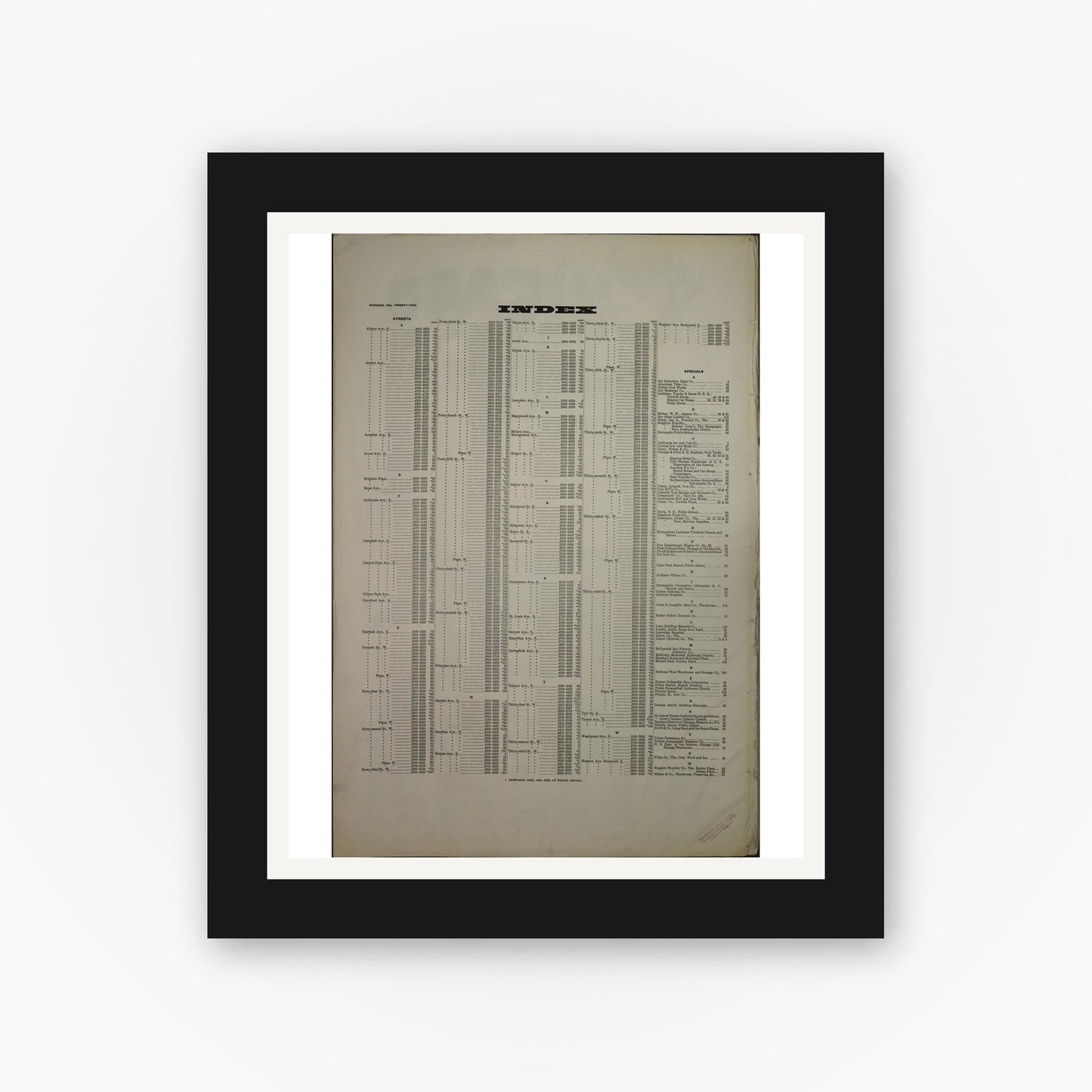 Old map wall art mockup — black gallery frame with white mat — Sanborn Fire Insurance Map from Chicago, Cook County, Illinois (1919), Sheet #0001