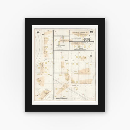 Old map wall art mockup — black gallery frame with white mat — Sanborn Fire Insurance Map from Flat River, Saint Francois County, Missouri (1938), Sheet #0025